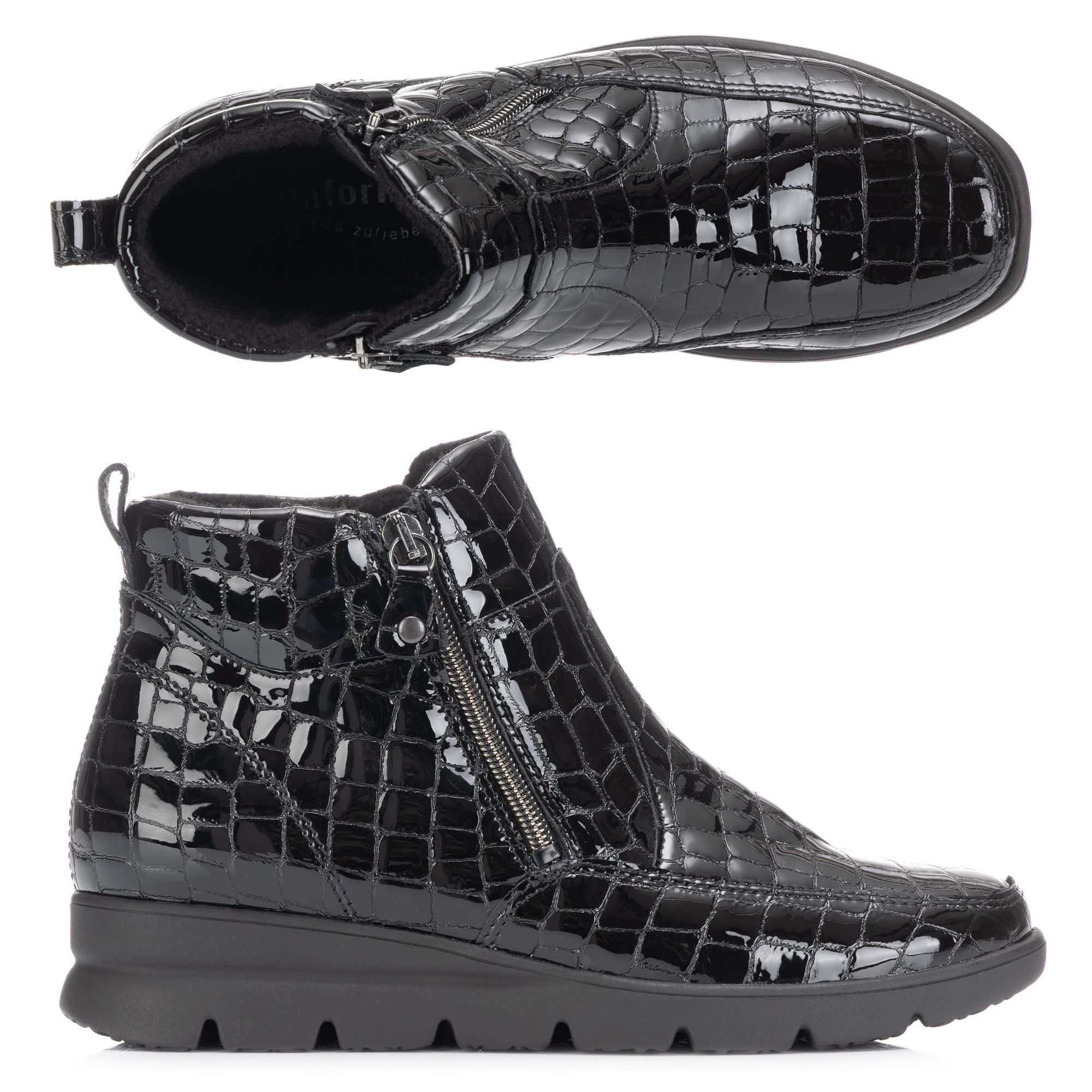 VITAFORM Damen-Stiefel Krokolackleder 2 Reißverschlüse Profilsohle