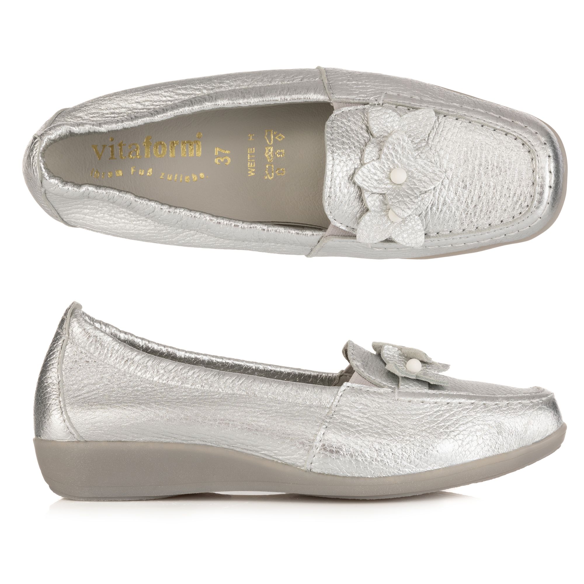 VITAFORM Damen-Slipper Hirschleder Metallic Blütenschmuck Sohle Hilka