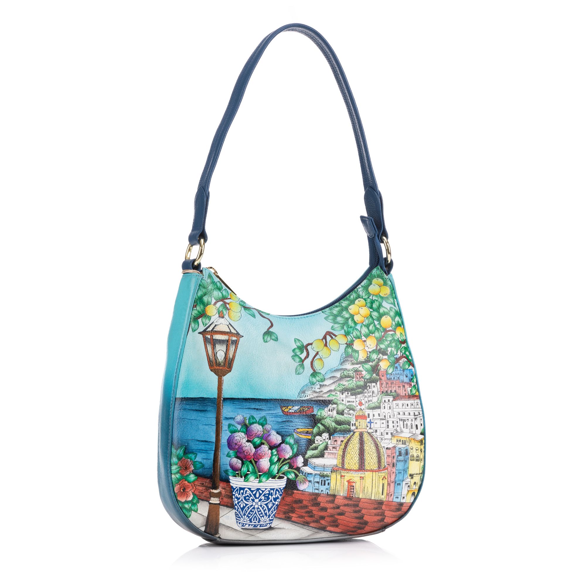 ANUSCHKA® Schultertasche echt Leder Sicherheitsfach handbemalt