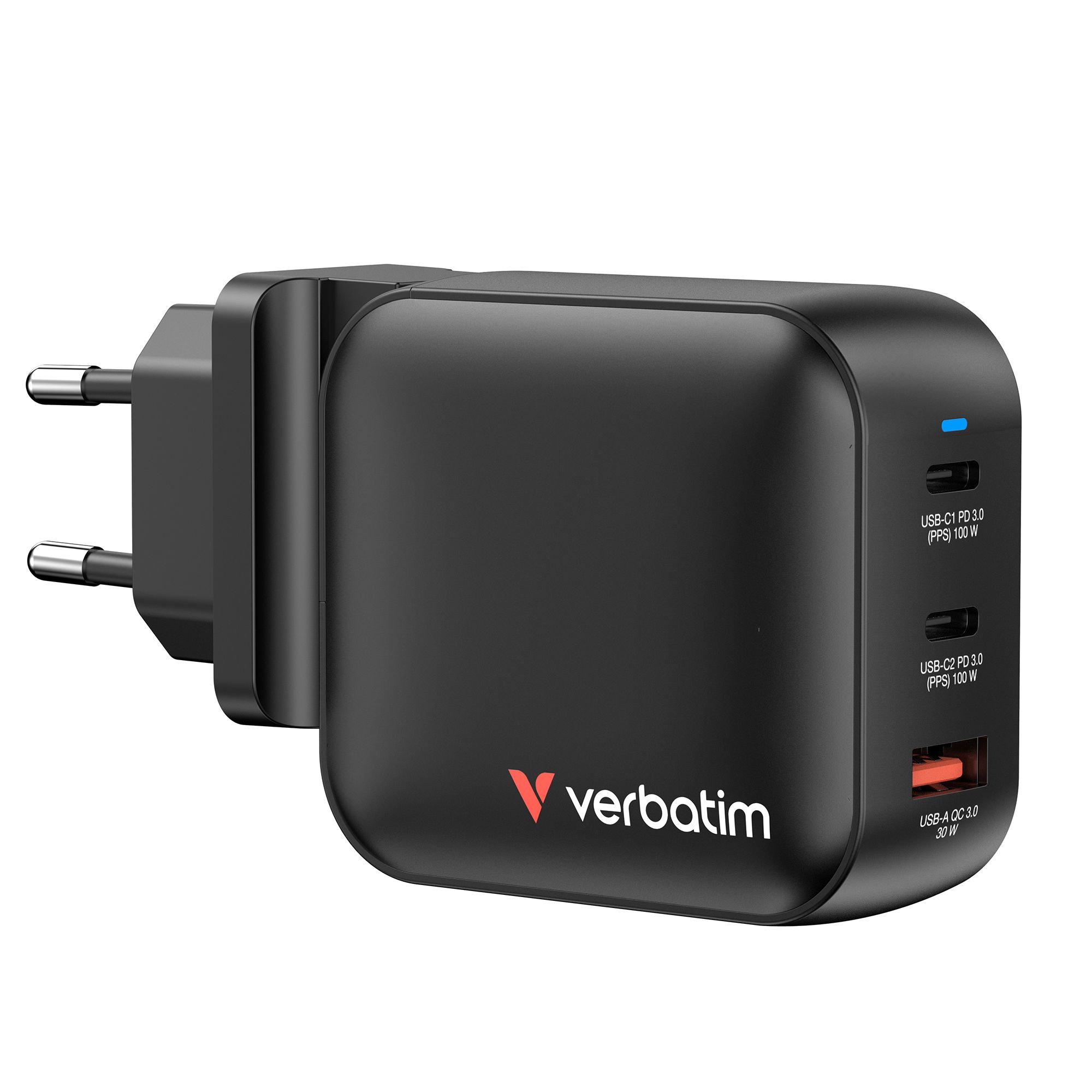 VERBATIM Mini GaN Wandladegerät bis zu 100W 2 × USB-C, 1 × USB-A