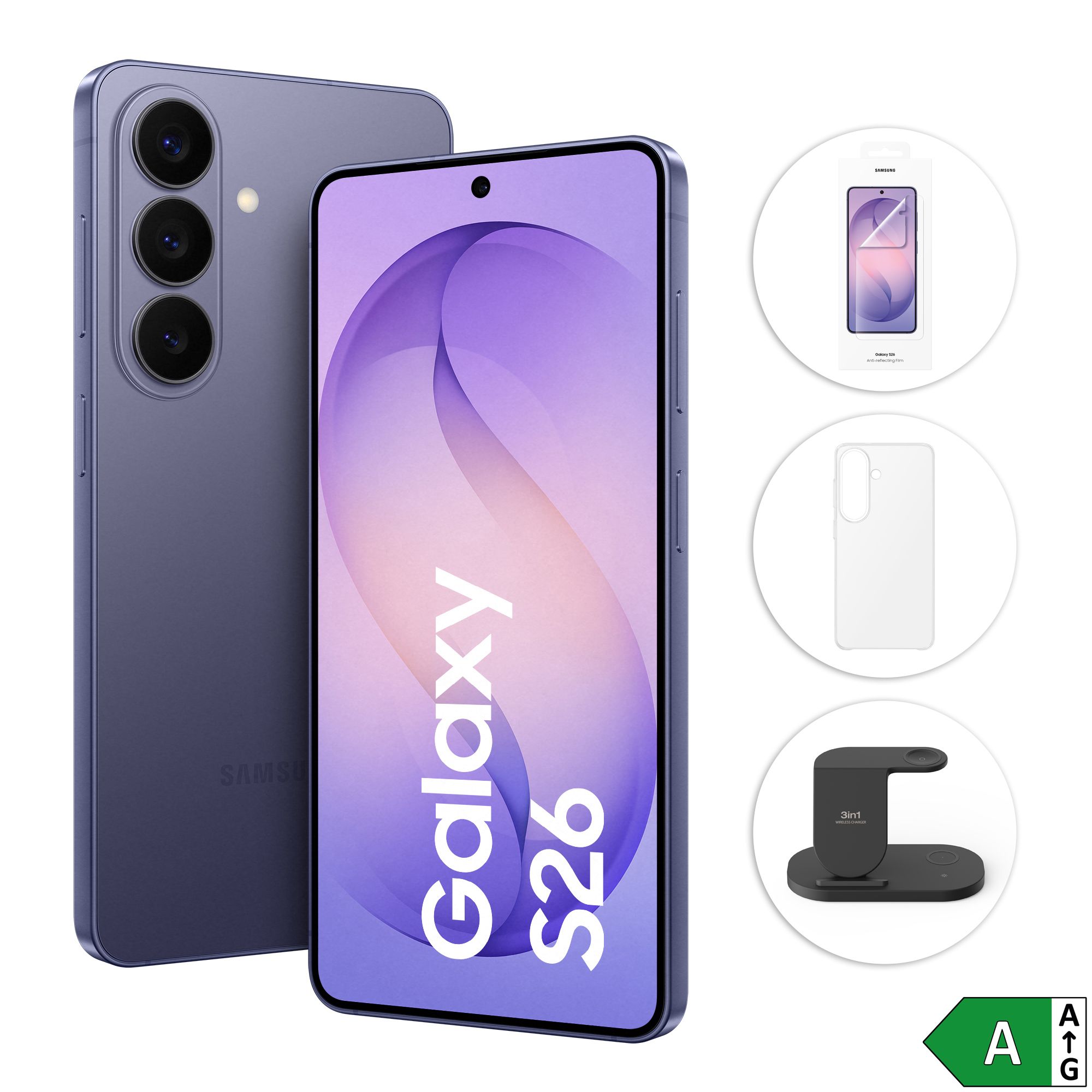 SAMSUNG Galaxy S26 256GB 6,3“ Smartphone 5G inkl. Glas, Hülle & 3in1 Ladestation, Energieeffizienzklasse A