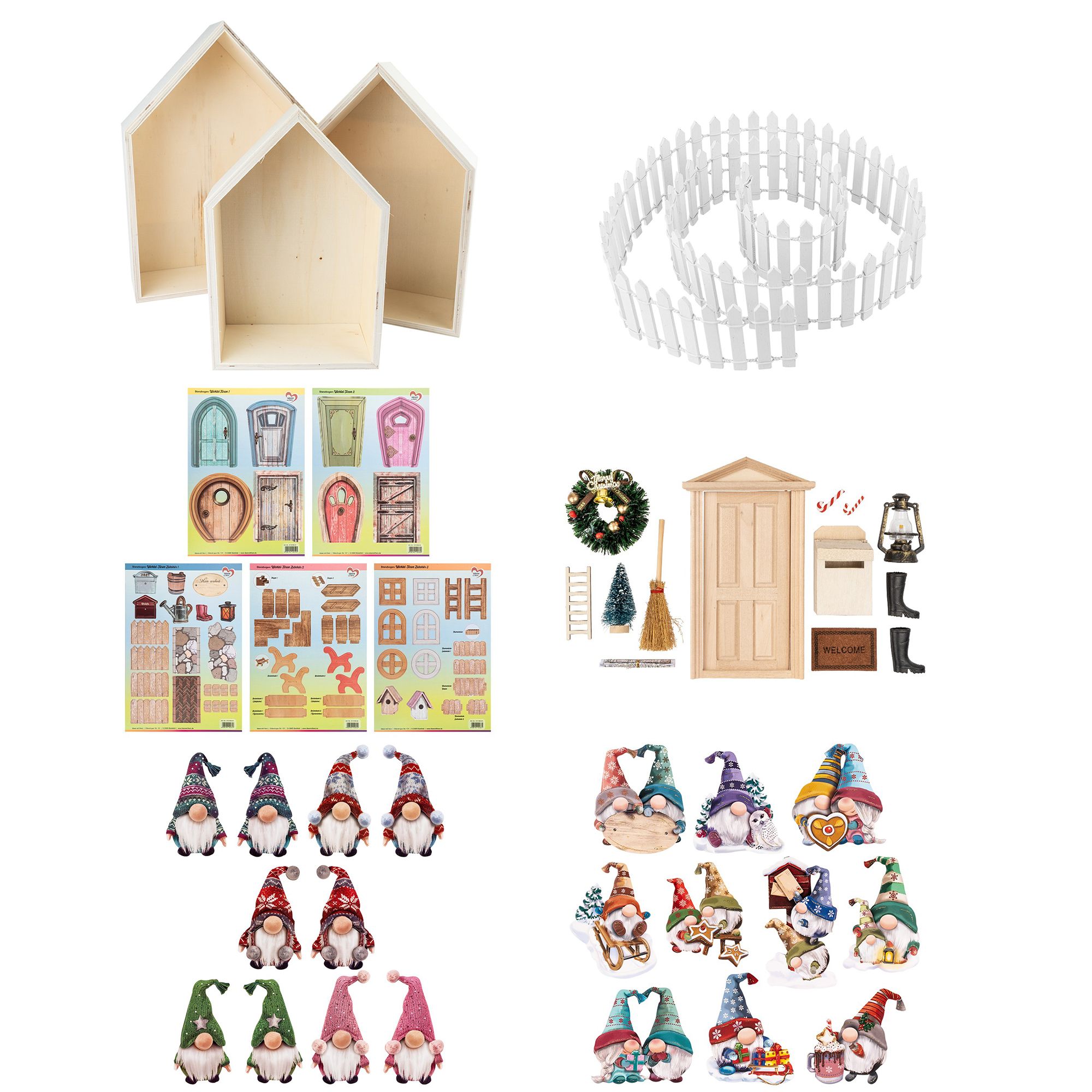 KARIN JITTENMEIER Dekorations-Set Holzrahmen Häuser & Wichtel 41tlg.