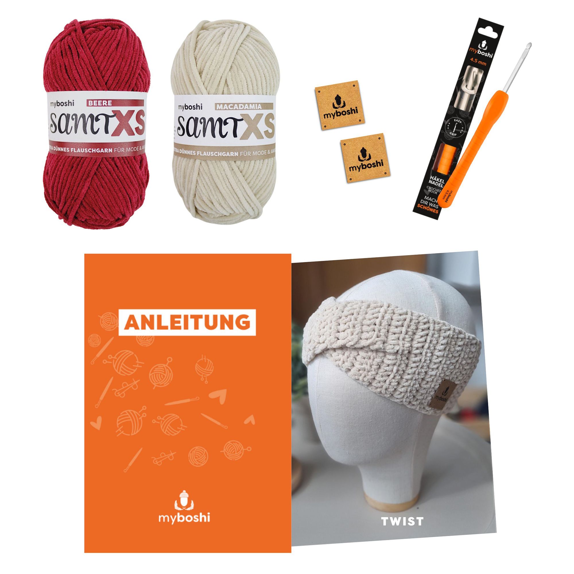 myboshi Häkel-Set Stirnband Twist inkl. Nadel 2er-Set, 5tlg.