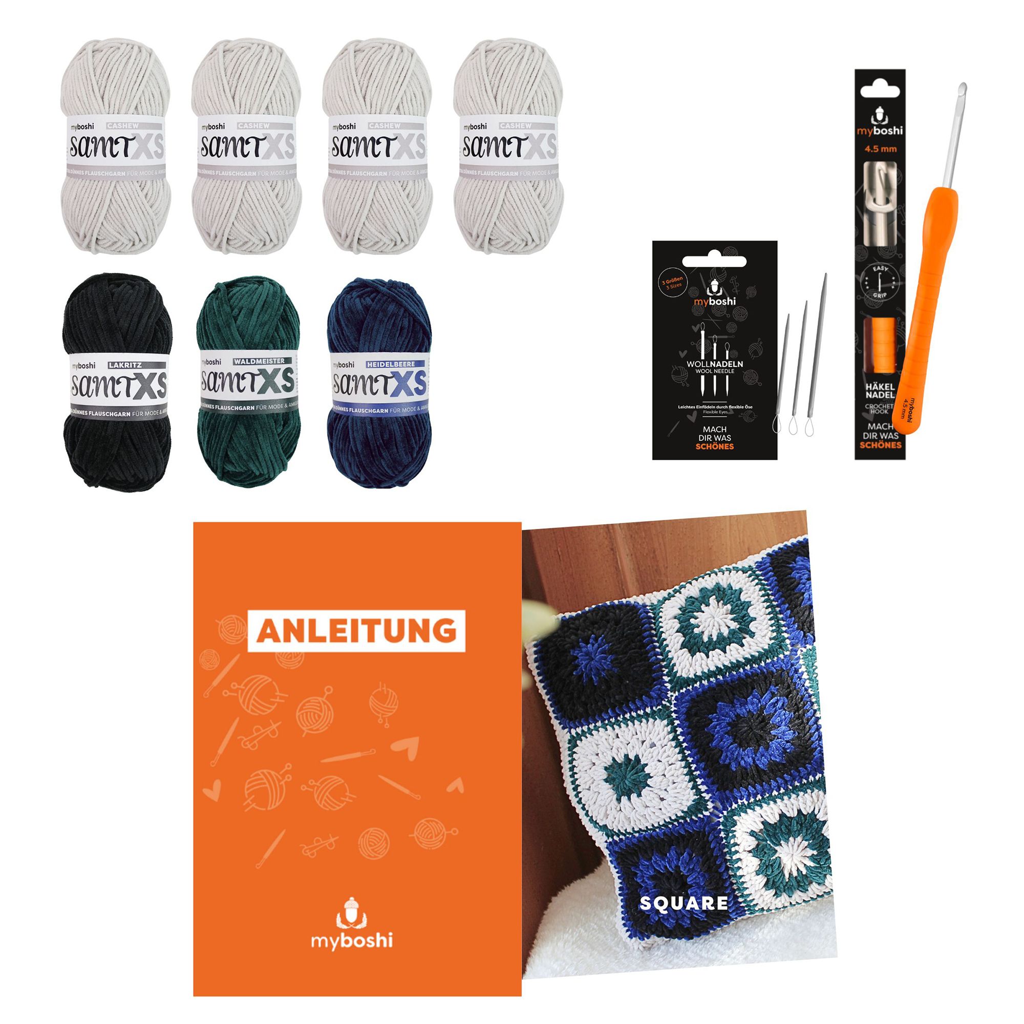 myboshi Häkel-Set Kissenhülle Square inkl. Nadel & Wolle 9tlg.