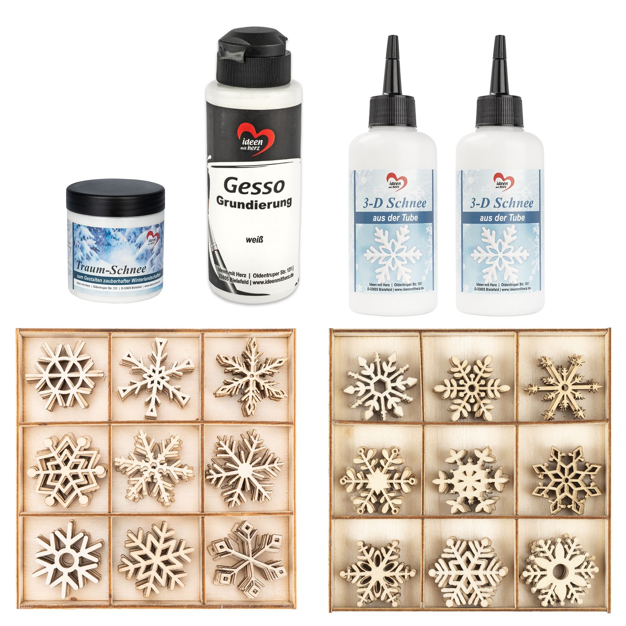 KARIN JITTENMEIER Dekorations-Set Schnee-Medium & Holzdeko Eiskristalle 6tlg.