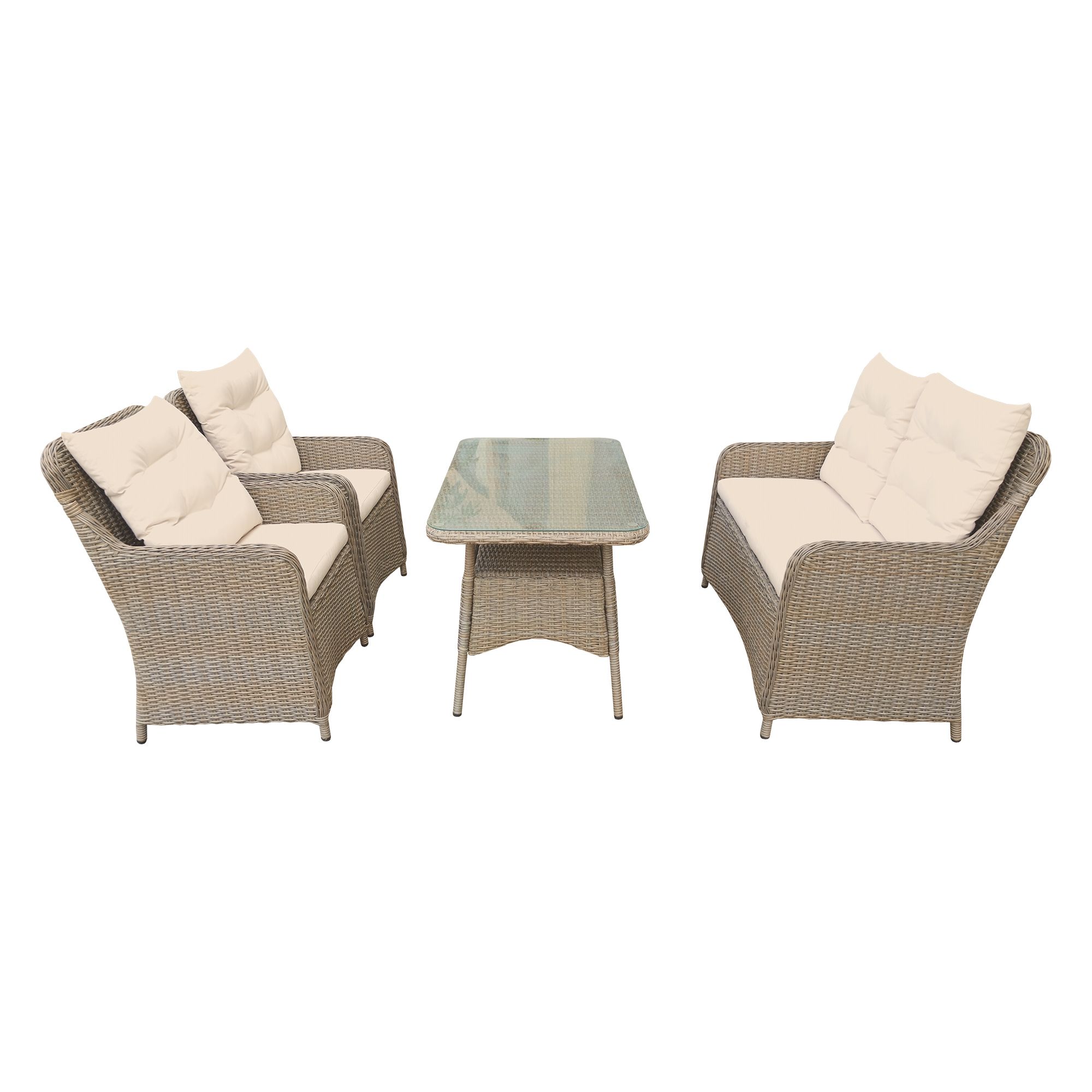 GREEN LOUNGE Dining Lounge Set 4tlg. inkl. Auflagen Polyrattan Sicherheitsglas