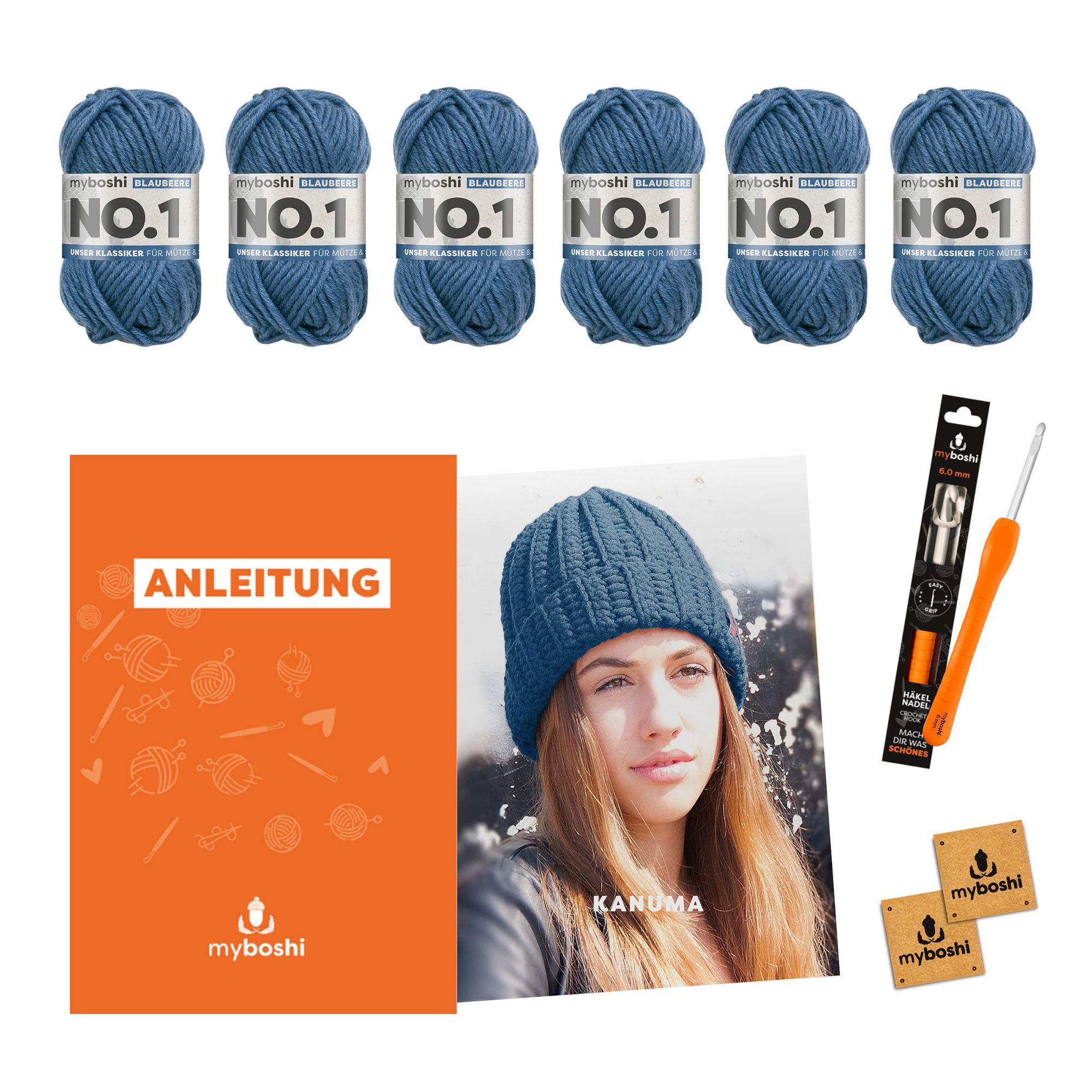 myboshi Häkel-Set Mütze Kanuma inkl. Nadel & Wolle 2er-Set, 8tlg.
