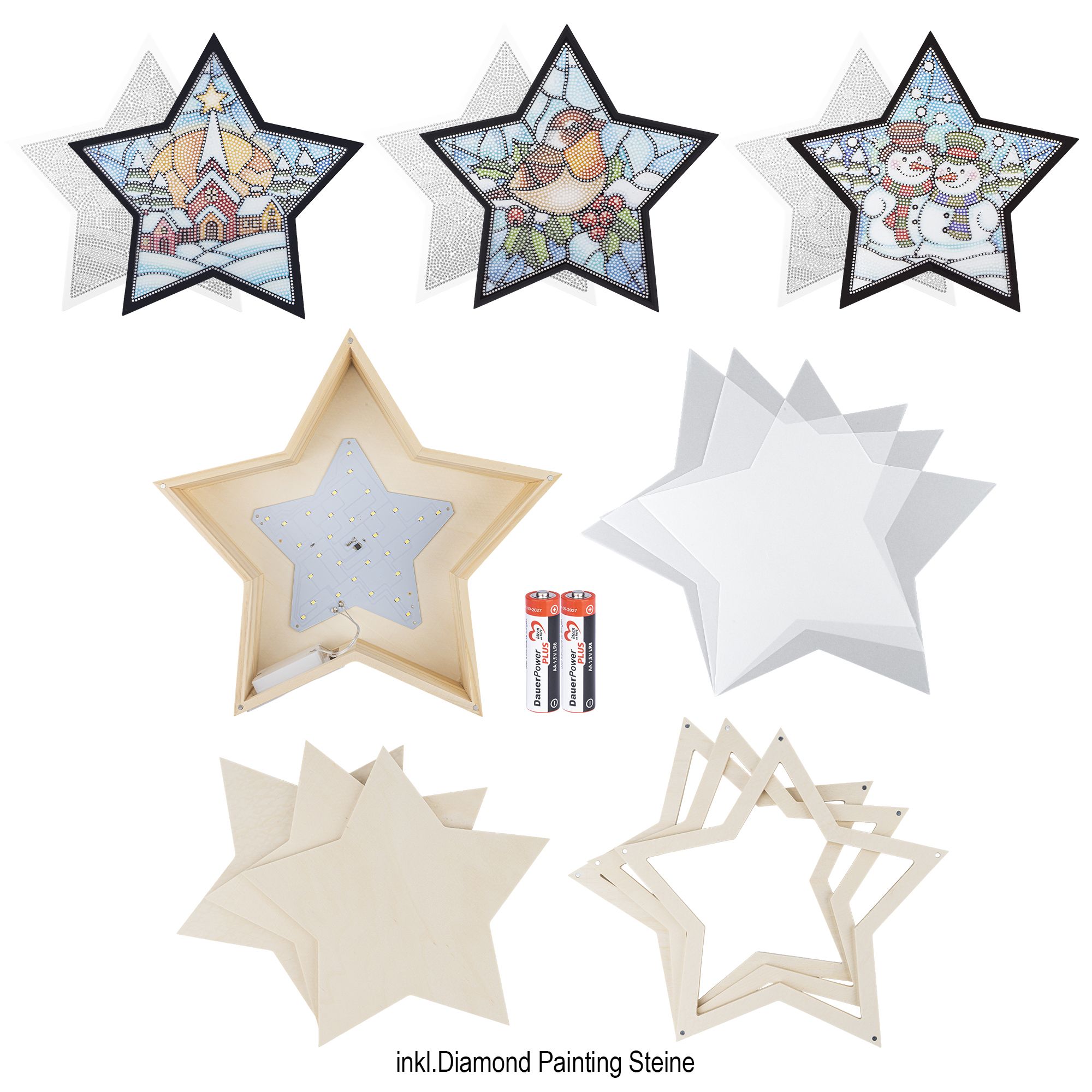 KARIN JITTENMEIER Diamond Painting-Set LED Holz Stern mit Wechselmotiv 16tlg.
