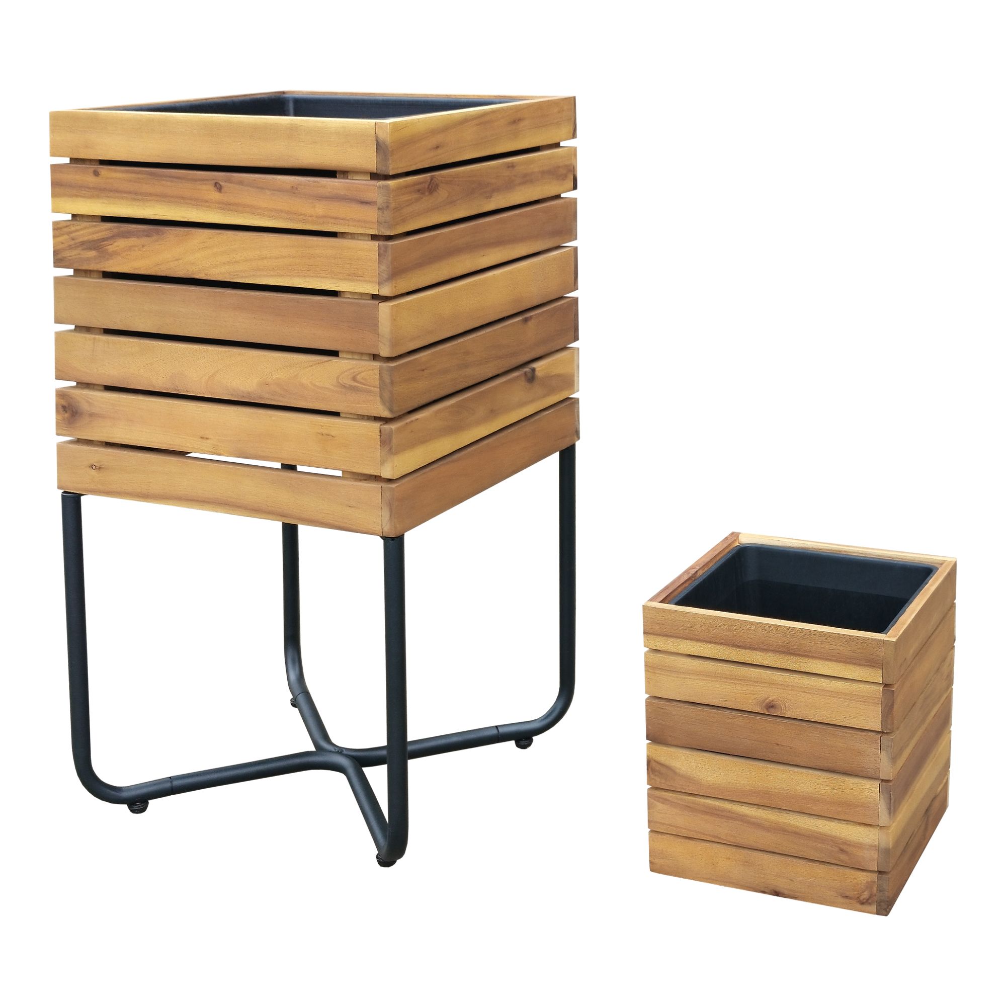 GREEN LOUNGE Pflanzgefäß 2tlg. Akazienholz, Stahl 2 Größen, 1x mit 1x ohne Fuß