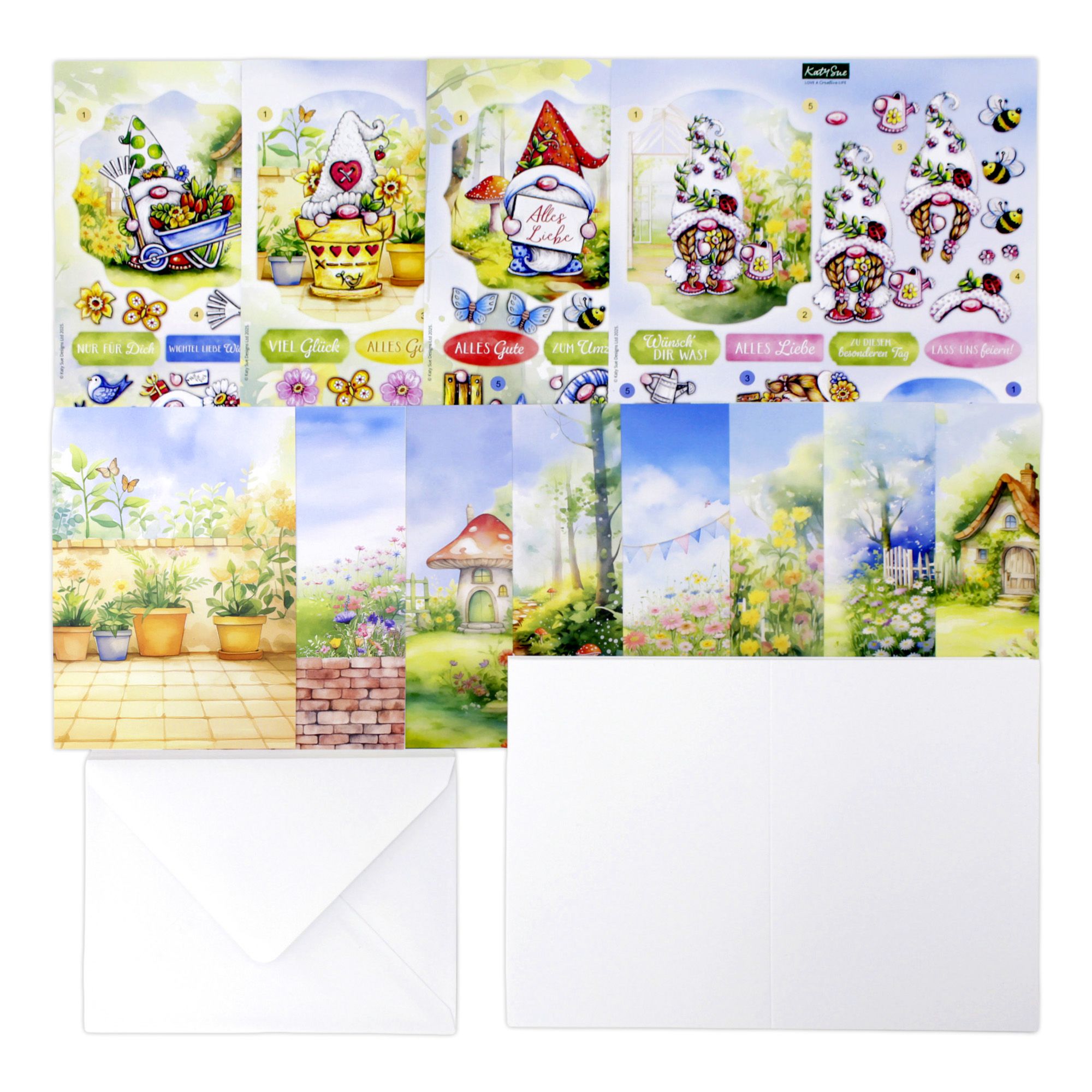 KATY SUE Grußkarten-Set Gartenwichtel inkl. Stanzbogen 56tlg.