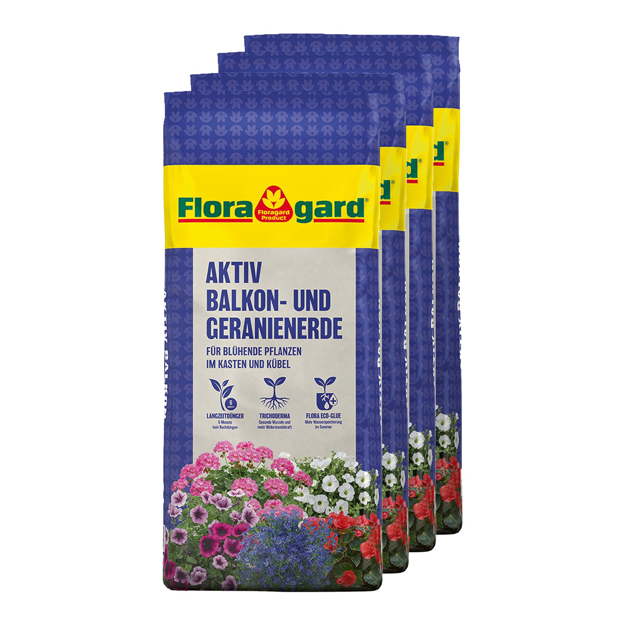 FLORAGARD® Aktiv Balkon- & Geranienerde mit Aktiv-Dünger Depot, 4x 18L