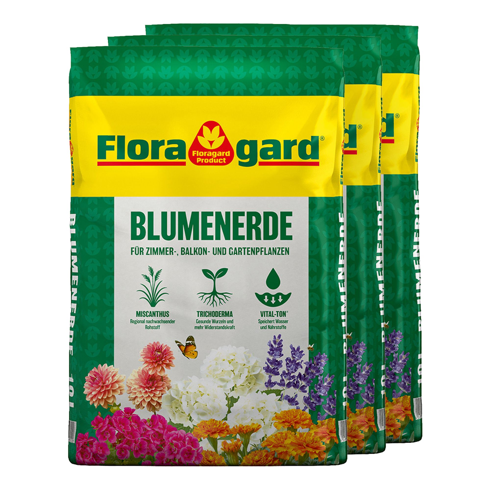 FLORAGARD® Blumenerde für Zimmer, Balkon & Gartenpflanzen 3x 10L