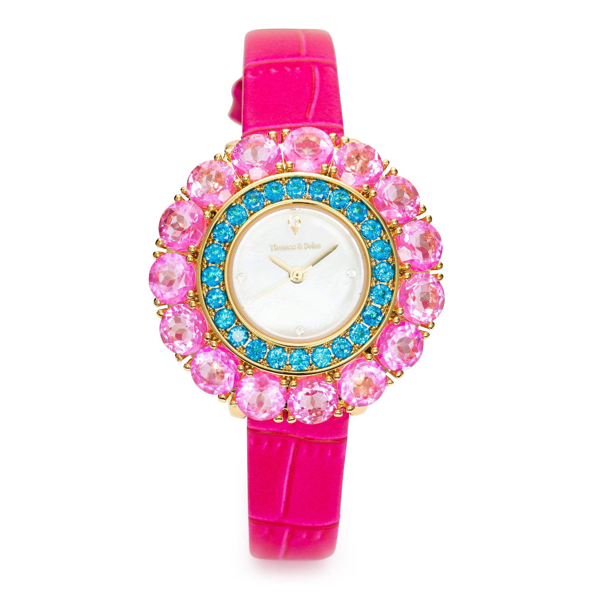 THOMAS & SOHN Edelsteine ca.12,92ct Damenuhr Quarzwerk Lederband