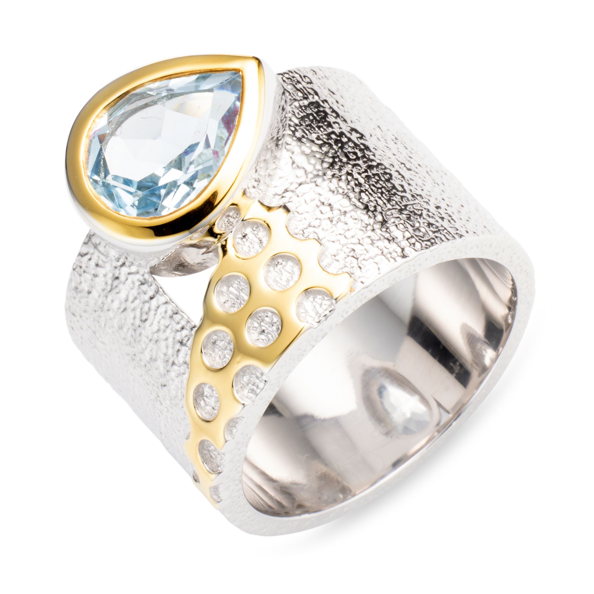 THOMAS & SOHN beh. Blautopas 2,20ct Ring Tropfenschliff Silber Bicolor-Optik