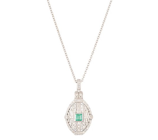 ART DECO DIAMONDS Anhänger mit Kette beh.Smaragd ca.0,30ct Diamanten ca.0,10ct Silber 925