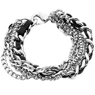 STEEL BY DESIGN Armband Ledereinsatz 6 reihig Edelstahl QVC