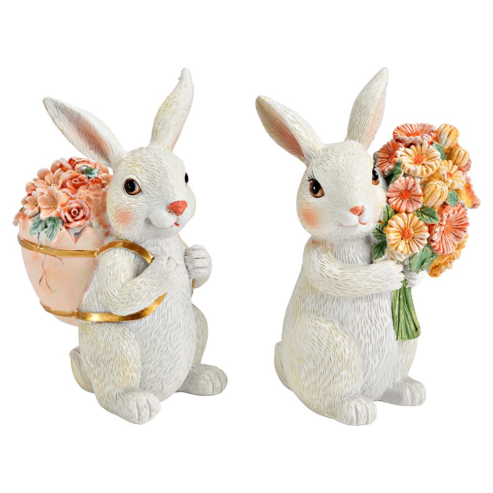 WURM 2 Dekofiguren Hase mit Blumen aus Keramik Maße 6x12x8cm