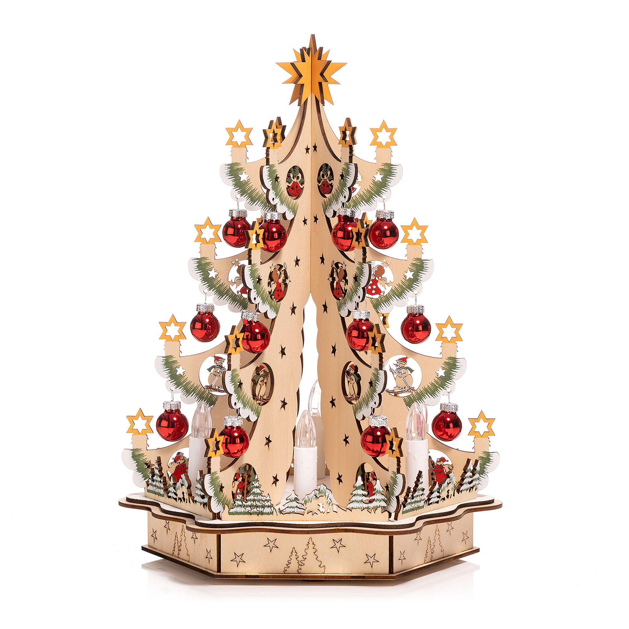 LUMIDA Xmas LED-Holzdekoration Tannenbaum inkl. Baumschmuck Timer, Höhe 33,5cm