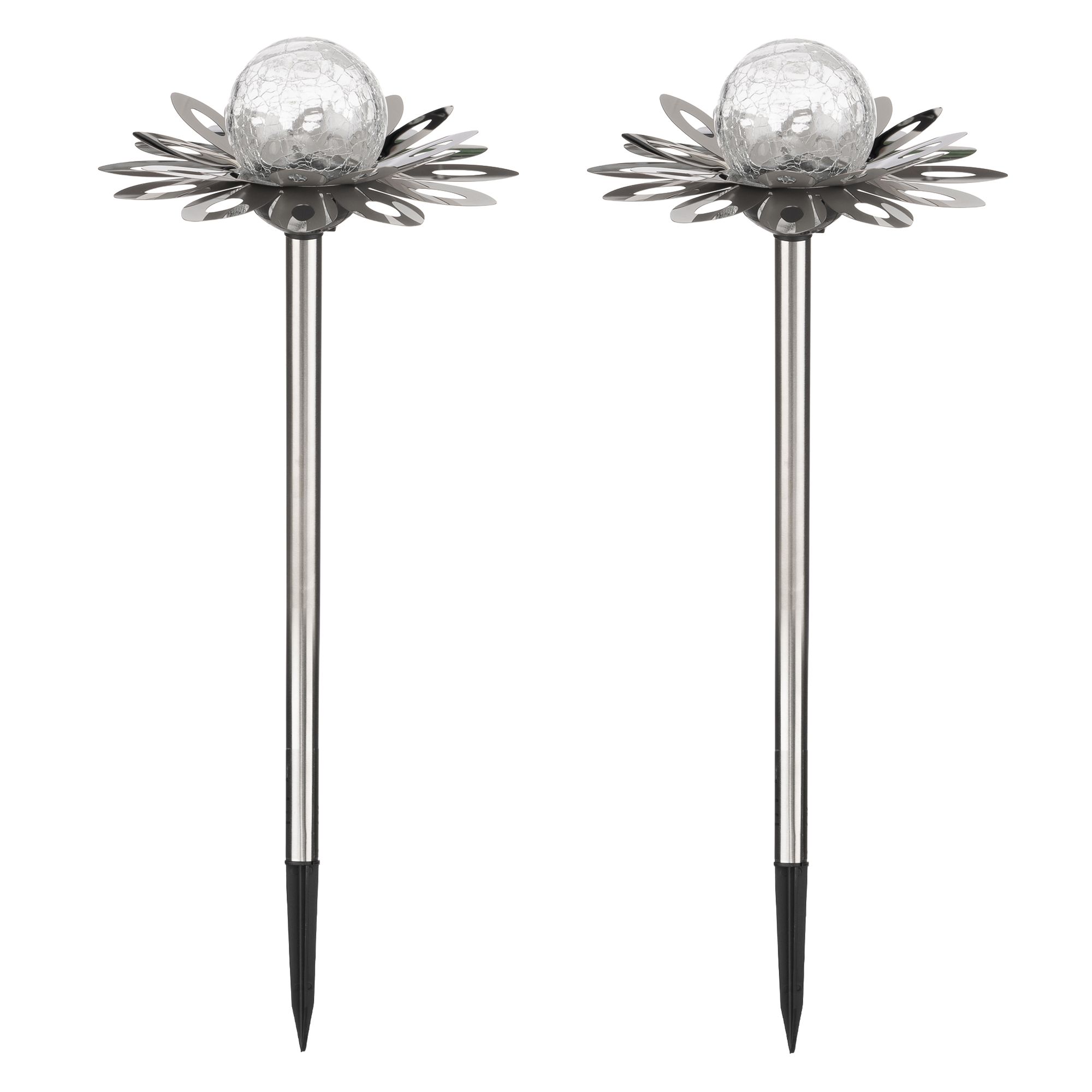 LUMIDA Garden 2 Solar-Leuchten Craqueleé-Glaskugel Edelstahl-Blüte Höhe 60cm