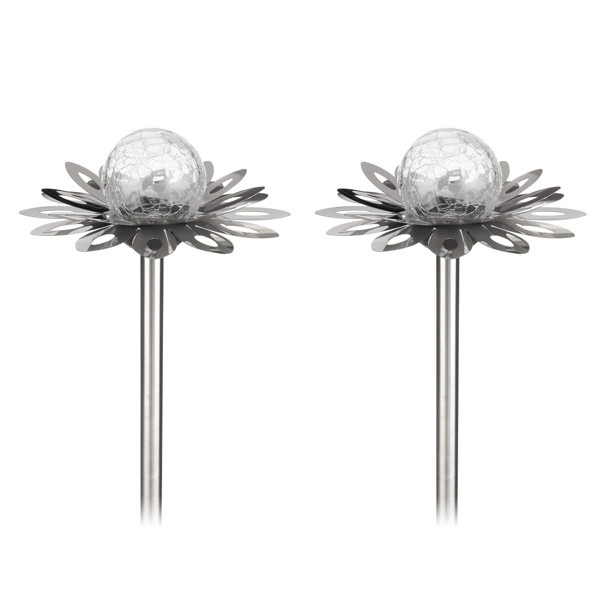 LUMIDA Garden 2 Solar-Leuchten Craqueleé-Glaskugel Edelstahl-Blüte Höhe 60cm