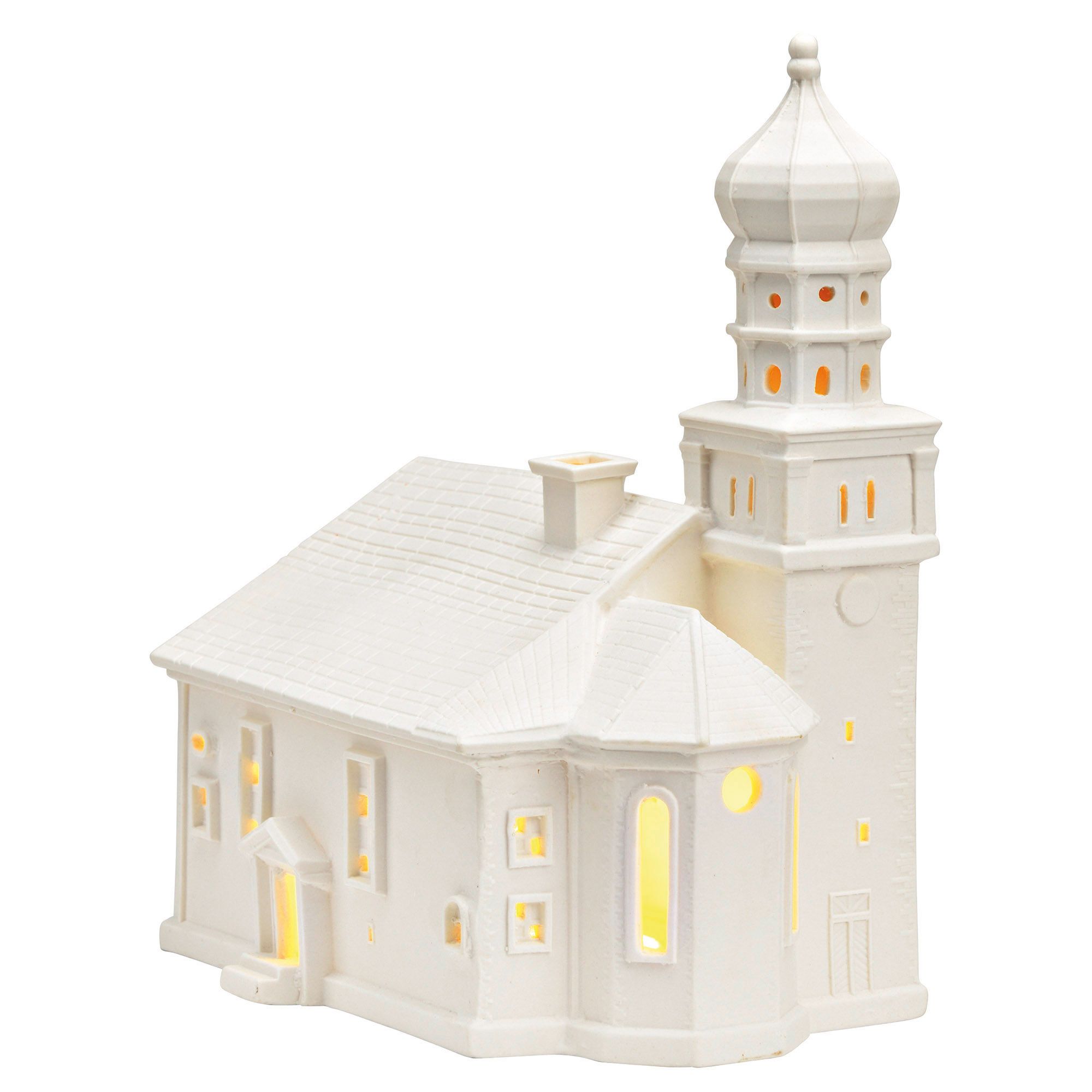 WURM Lichthaus Porzellan Kirche Wasserburg inkl. 3 Tannenbäume inkl. Beleuchtungsset