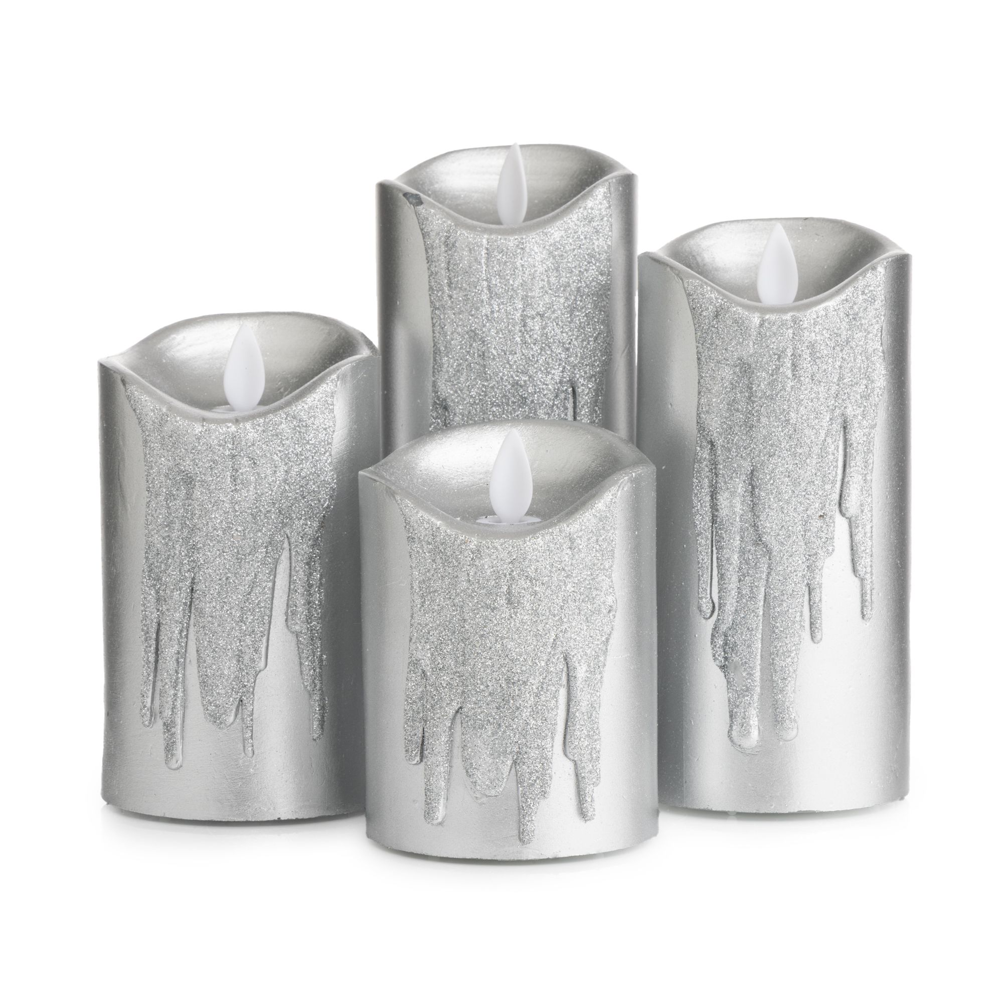 ELAMBIA 4 LED-Kerzen Glitzer-Finisch 5h-Timerfunktion Ø 7,5cm, H. 10-17cm