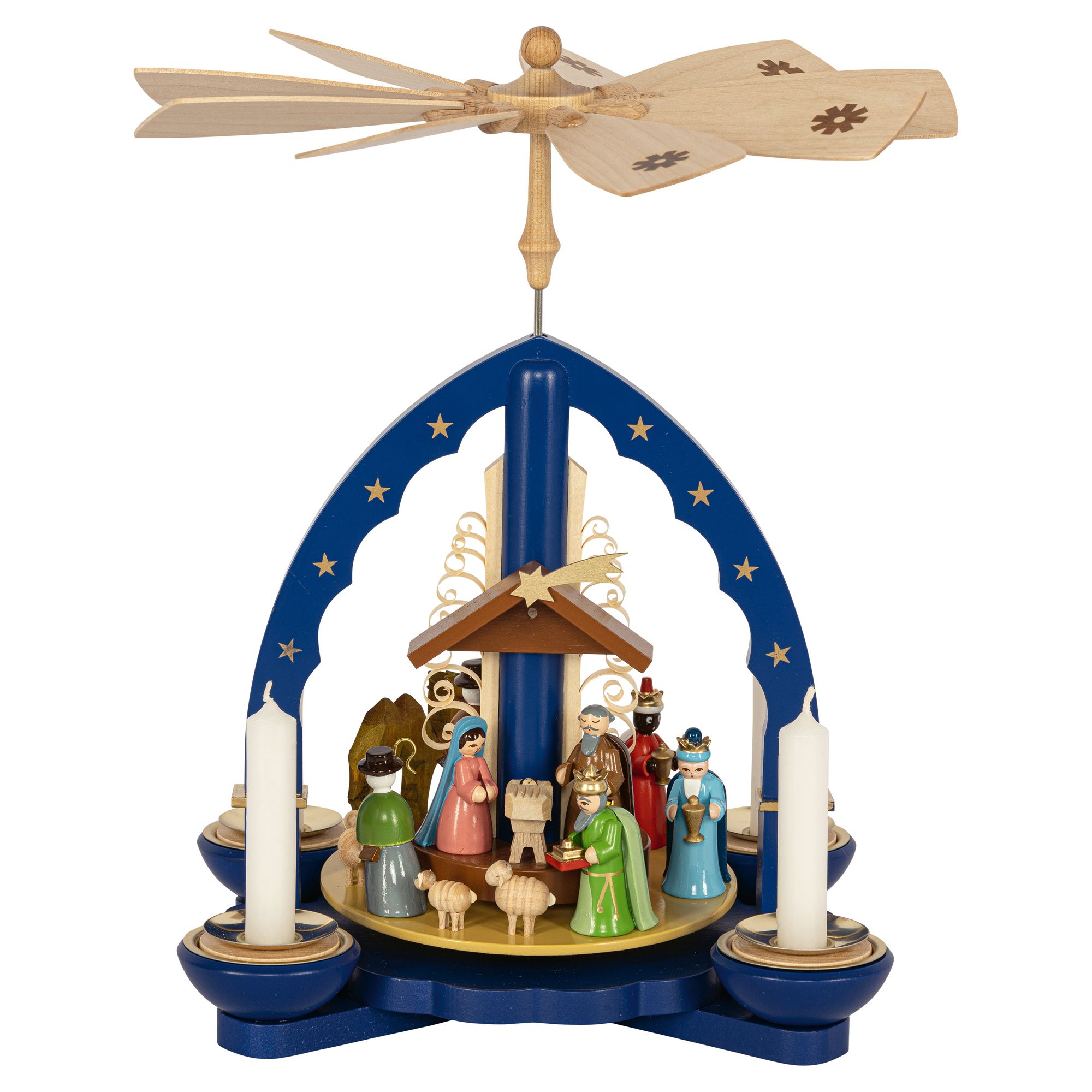 GLÄSSER SEIFFEN Tischpyramide Heilige drei Könige 4 Kerzen & Teelichte Höhe 27cm