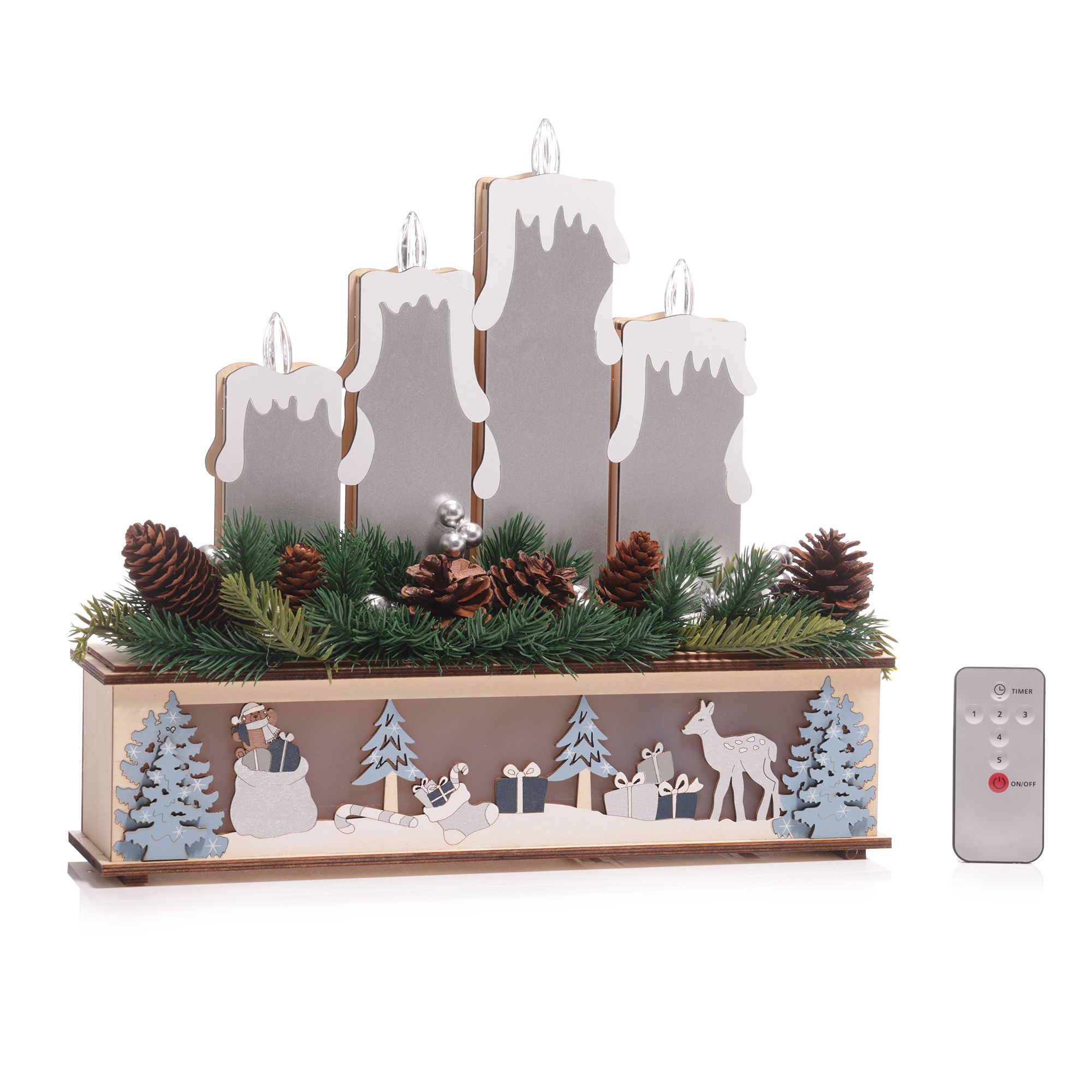 LUMIDA Xmas LED-Holzdekoration Kerzen-Design & Winterszene B. 35cm, H. 32cm