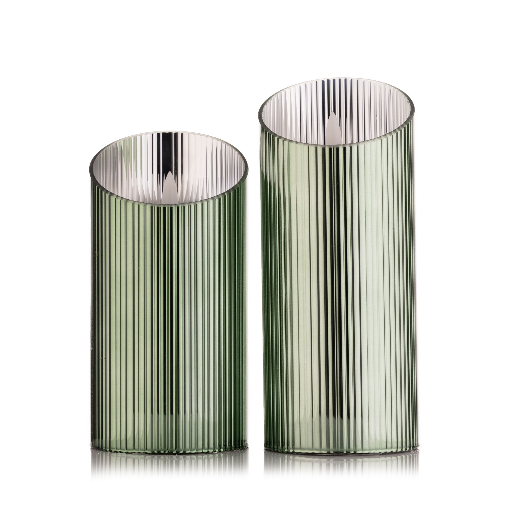 ELAMBIA 2 LED-Kerzen mit Wachsspiegel im Glaskörper Höhe 15cm & 17,5cm