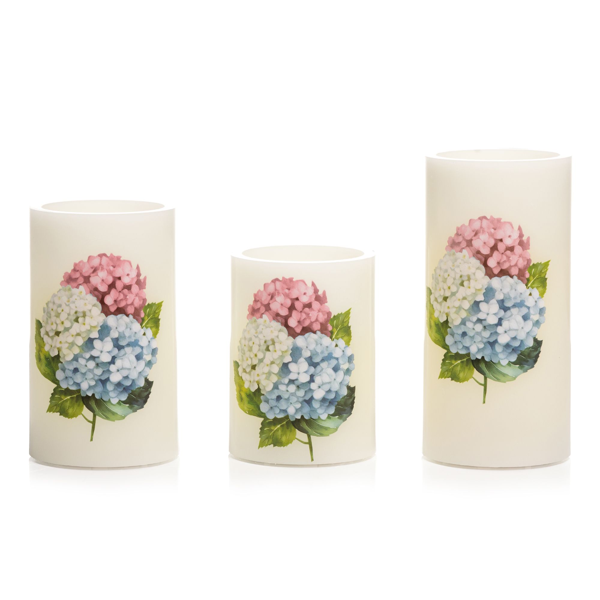 ELAMBIA 3 LED-Kerzen Hortensien-Motiv Flamme Luma, Timer Höhe 10, 12,5 & 15cm