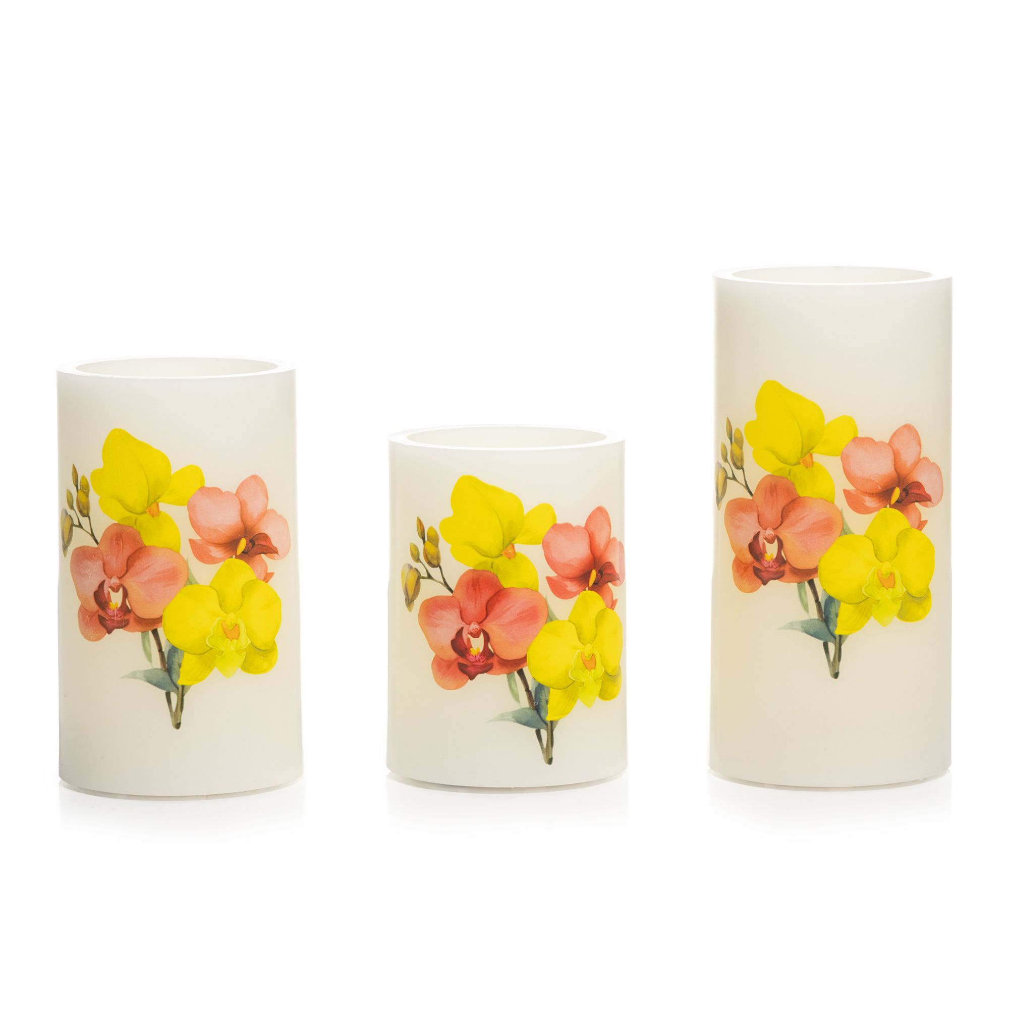 ELAMBIA 3 LED-Kerzen Orchideen-Motiv Flamme Luma, Timer Höhe 10, 12,5 & 15cm