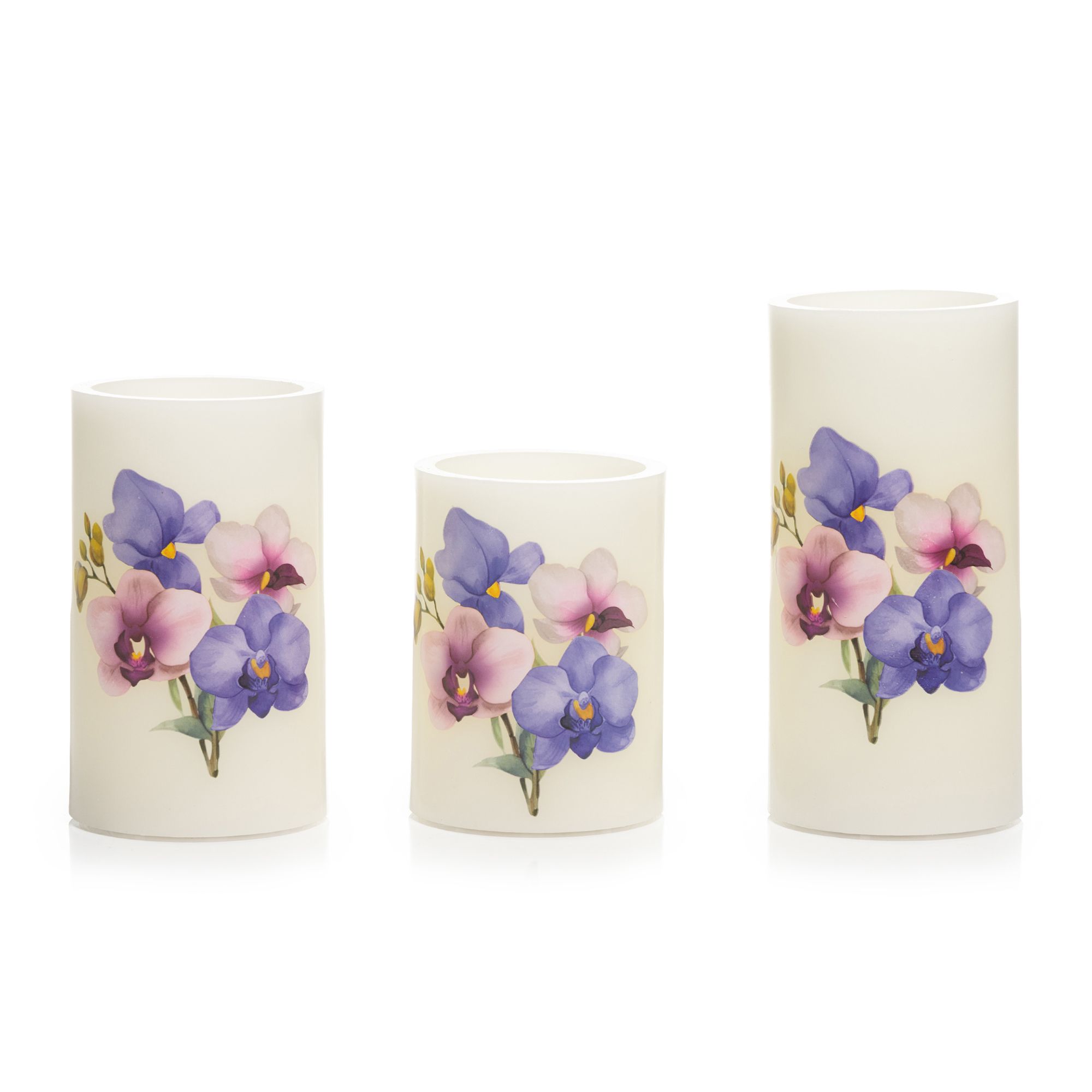 ELAMBIA 3 LED-Kerzen Orchideen-Motiv Flamme Luma, Timer Höhe 10, 12,5 & 15cm