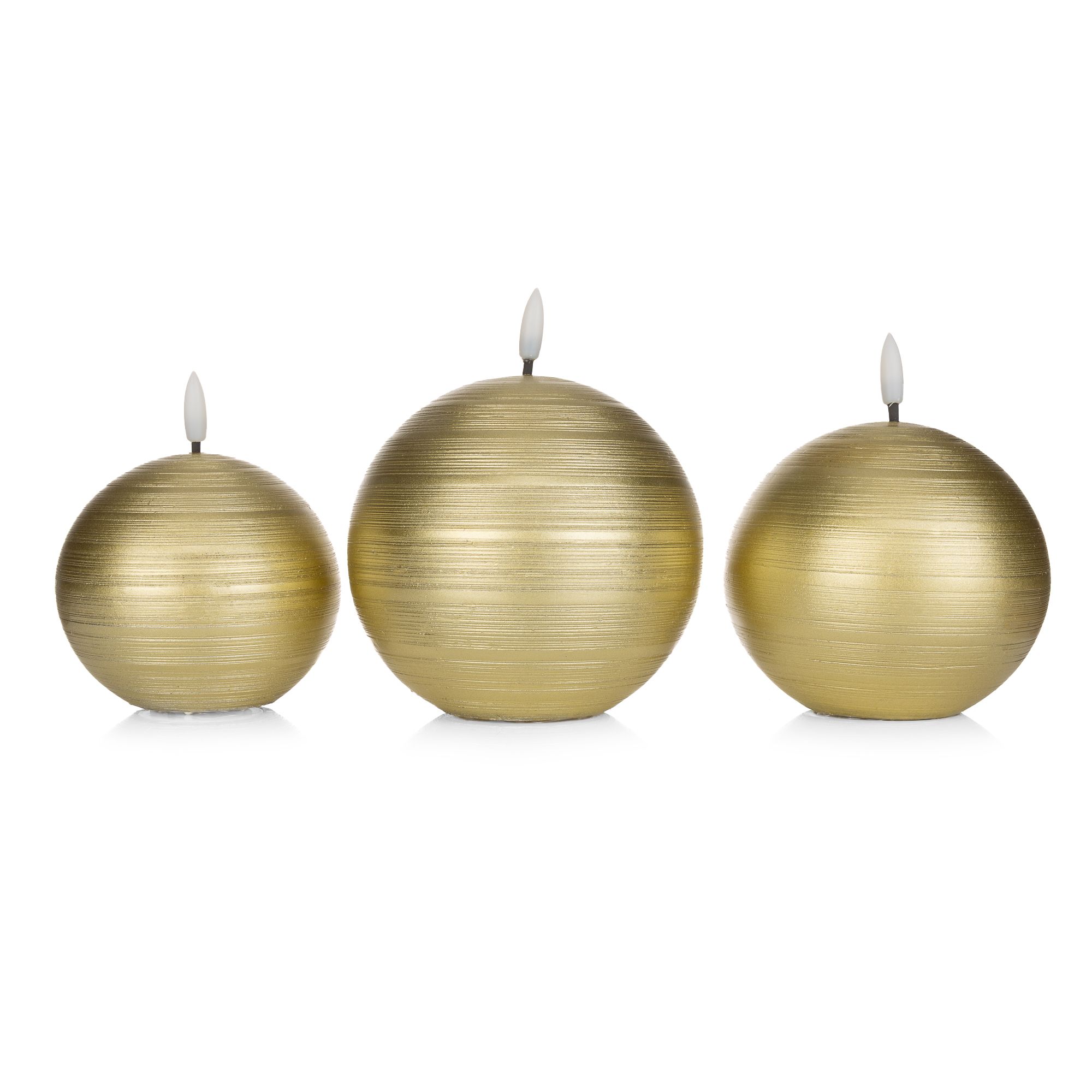 ELAMBIA 3 LED-Kugelkerzen Metallic-Finish Flamme Luma, Timer Ø 13cm, 11cm & 9cm