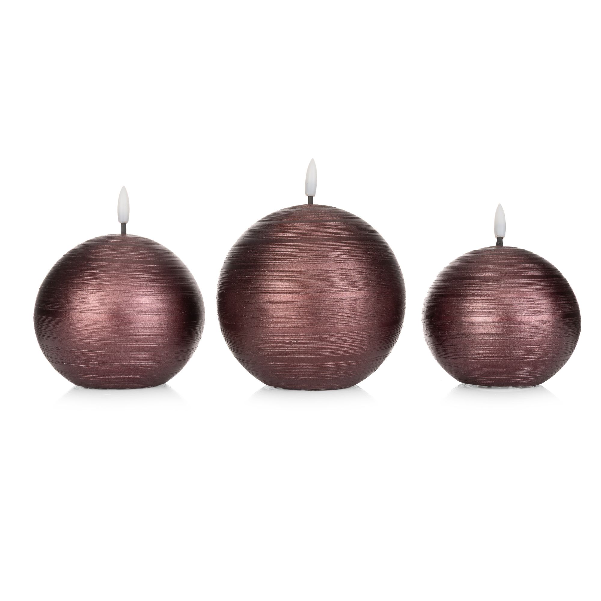 ELAMBIA 3 LED-Kugelkerzen Metallic-Finish Flamme Luma, Timer Ø 13cm, 11cm & 9cm