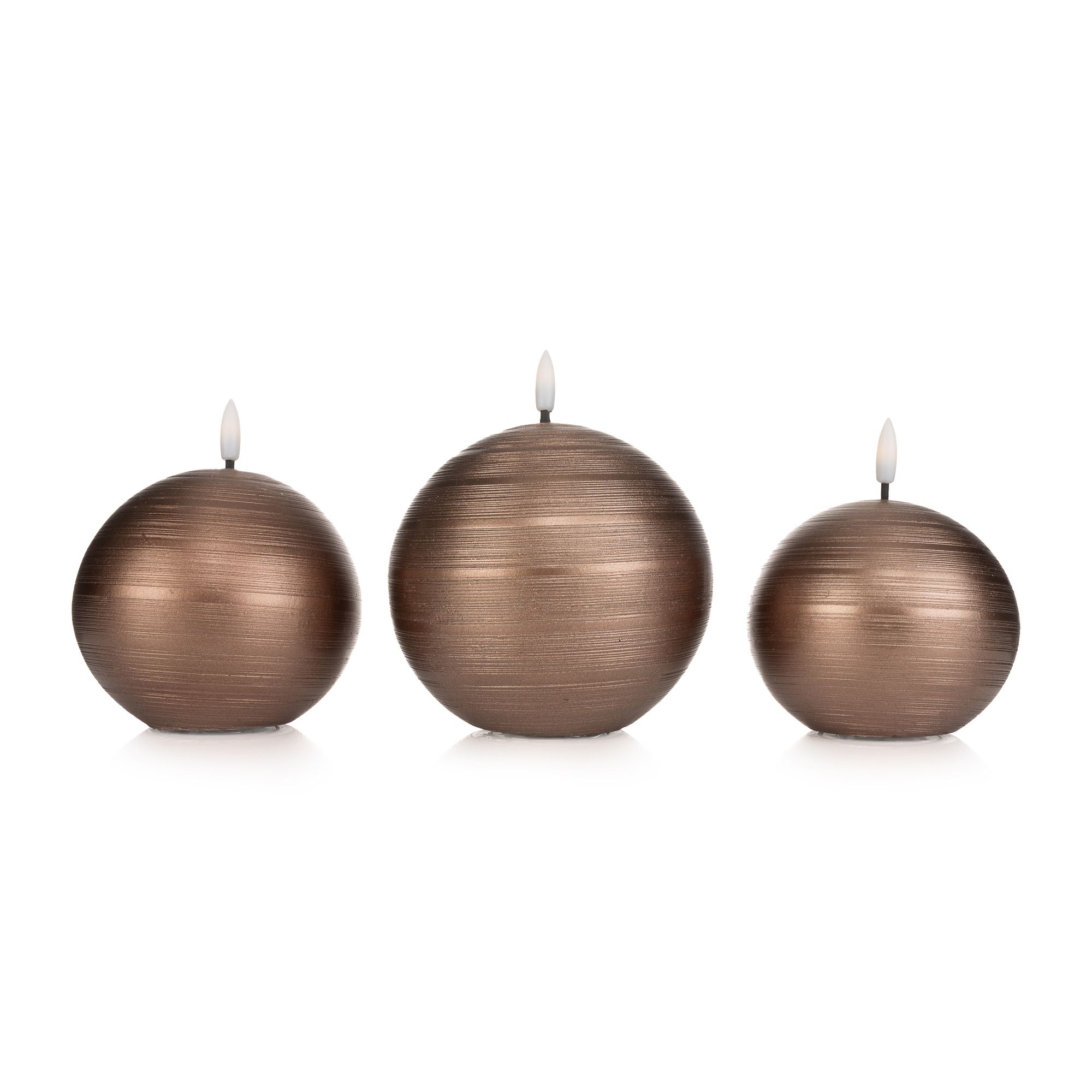 ELAMBIA 3 LED-Kugelkerzen Metallic-Finish Flamme Luma, Timer Ø 13cm, 11cm & 9cm