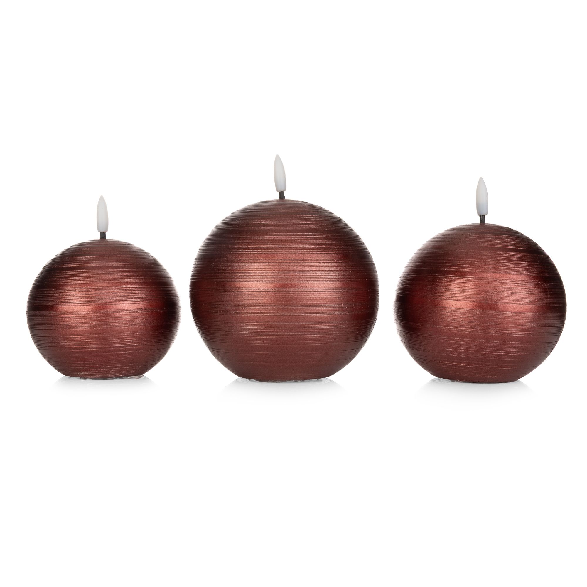 ELAMBIA 3 LED-Kugelkerzen Metallic-Finish Flamme Luma, Timer Ø 13cm, 11cm & 9cm