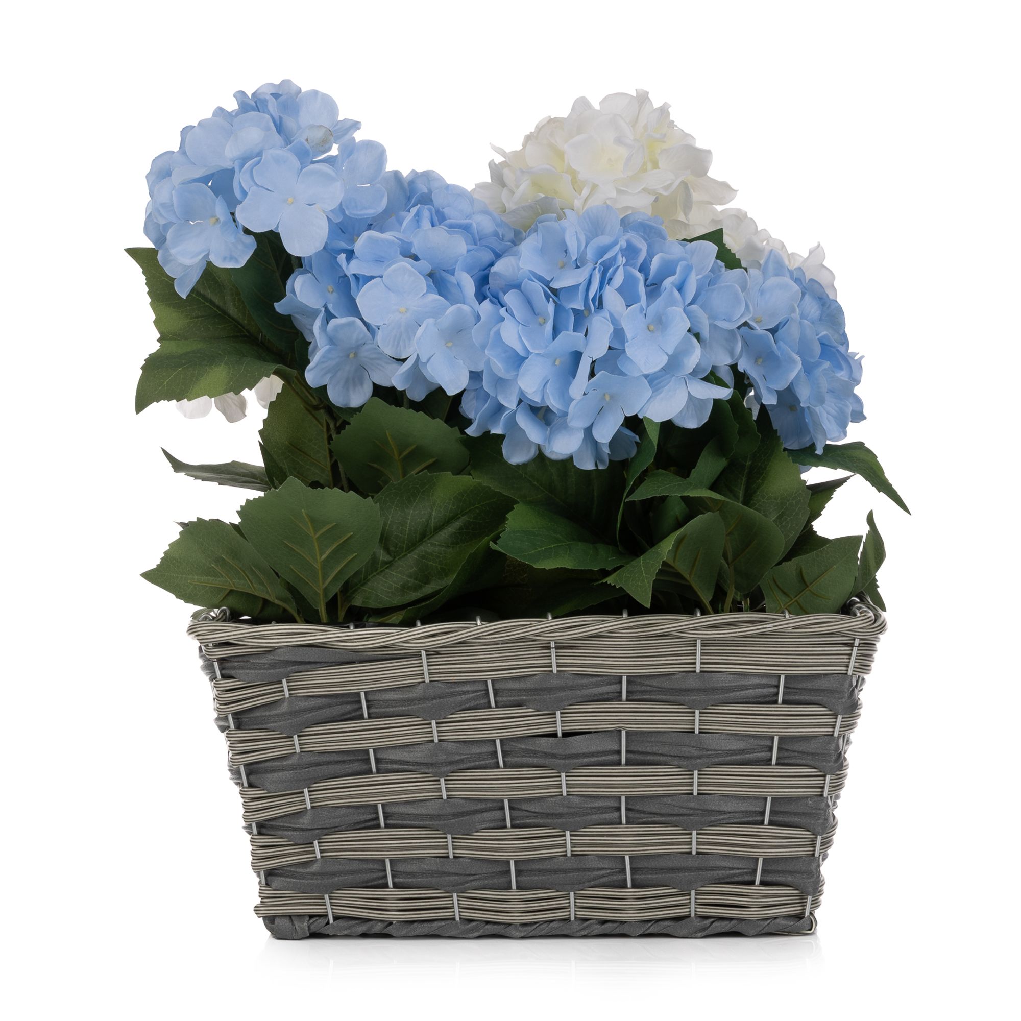 ABELLA Flora künstl. Arrangement Hortensien im Kunststoff-Korb Höhe 50cm, Ø 30cm