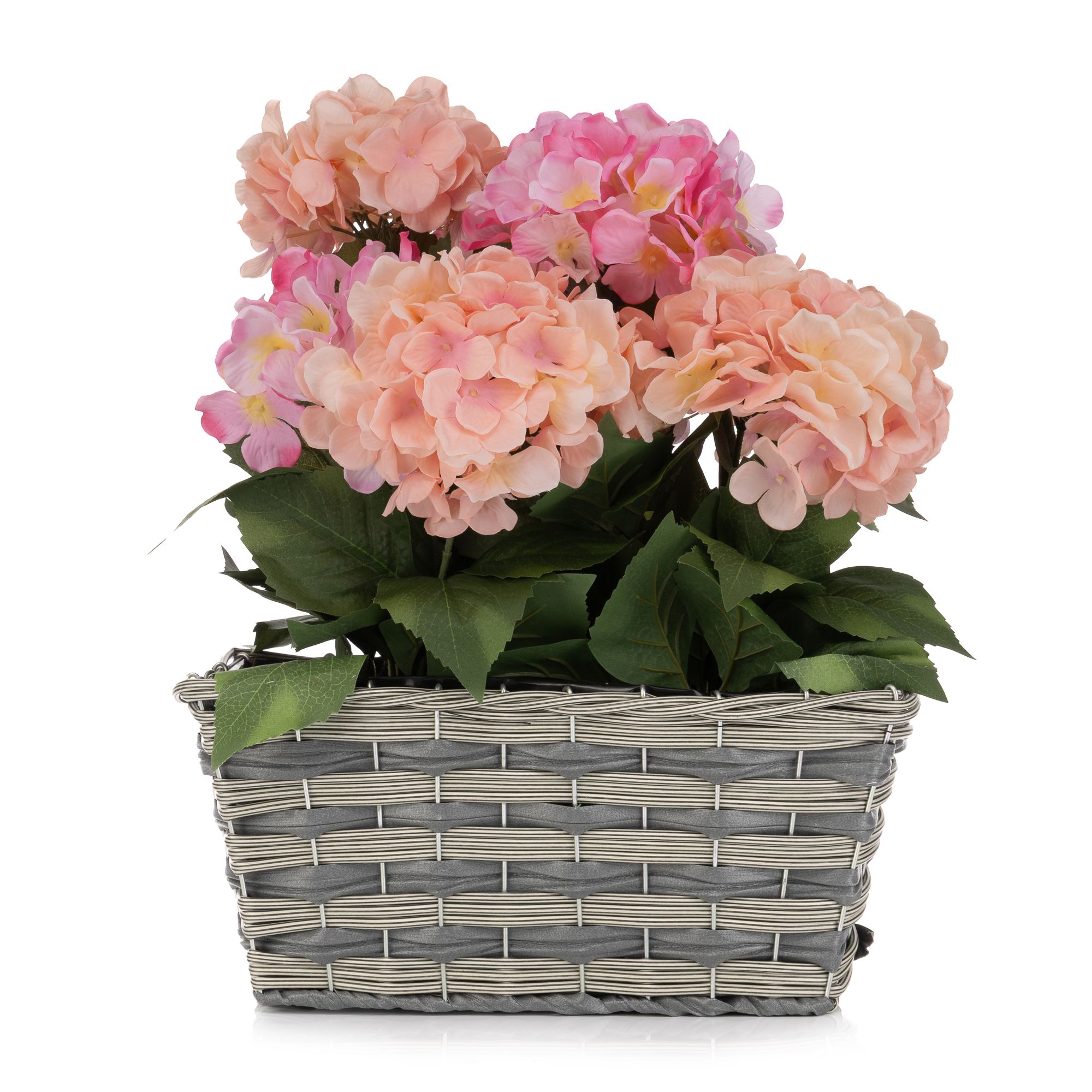 ABELLA Flora künstl. Arrangement Hortensien im Kunststoff-Korb Höhe 50cm, Ø 30cm