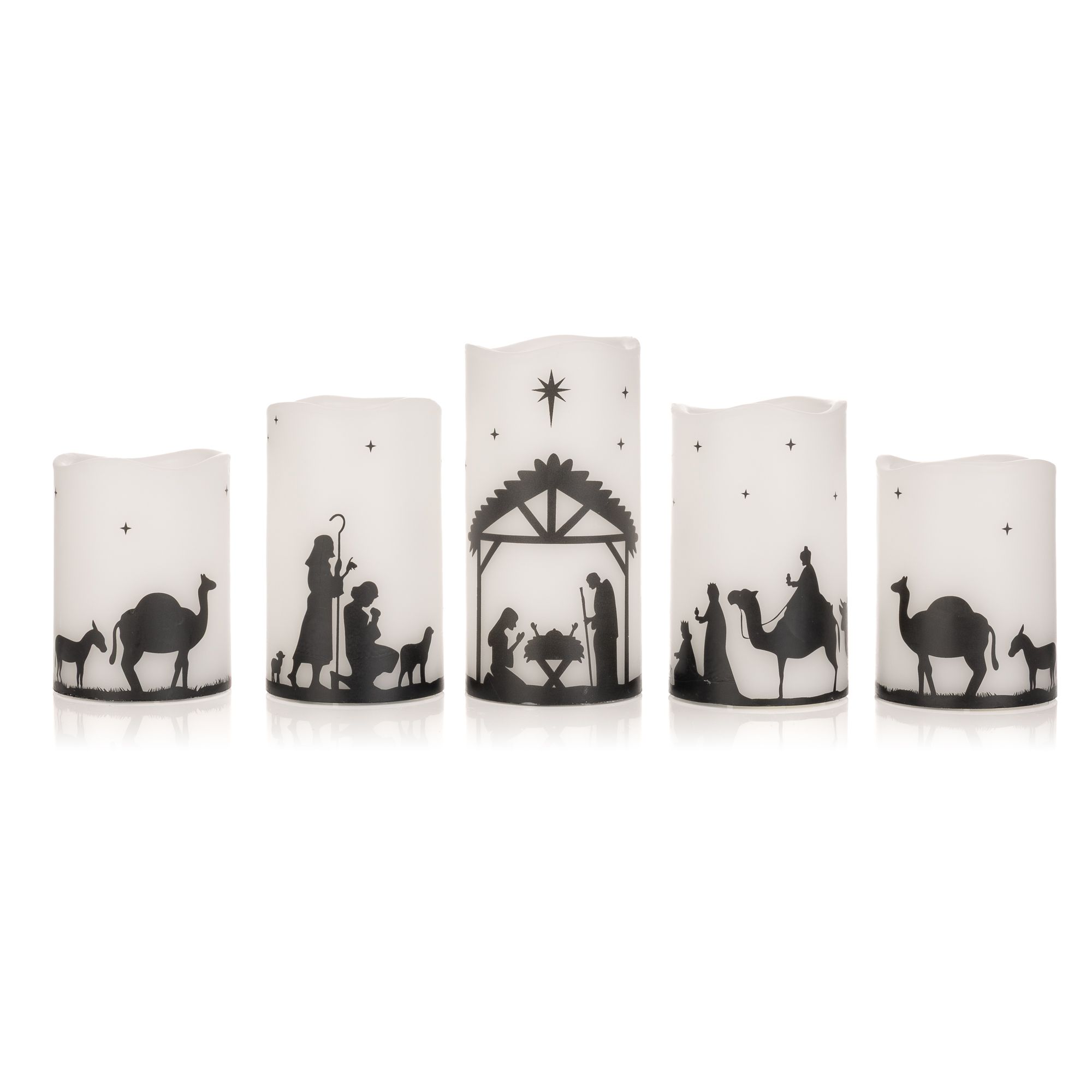 ELAMBIA 5 LED-Kerzen Krippenszene inkl. FB & Timer Höhe 15, 12,5 & 10cm