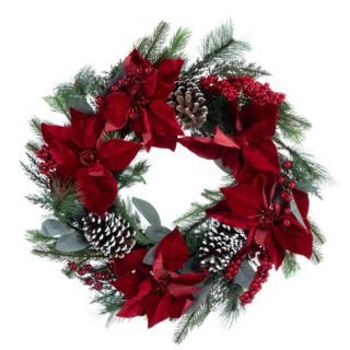 LUMIDA Flora künstl. Blumenkranz Weihnachtstern & Tannenzapfen Ø 61cm