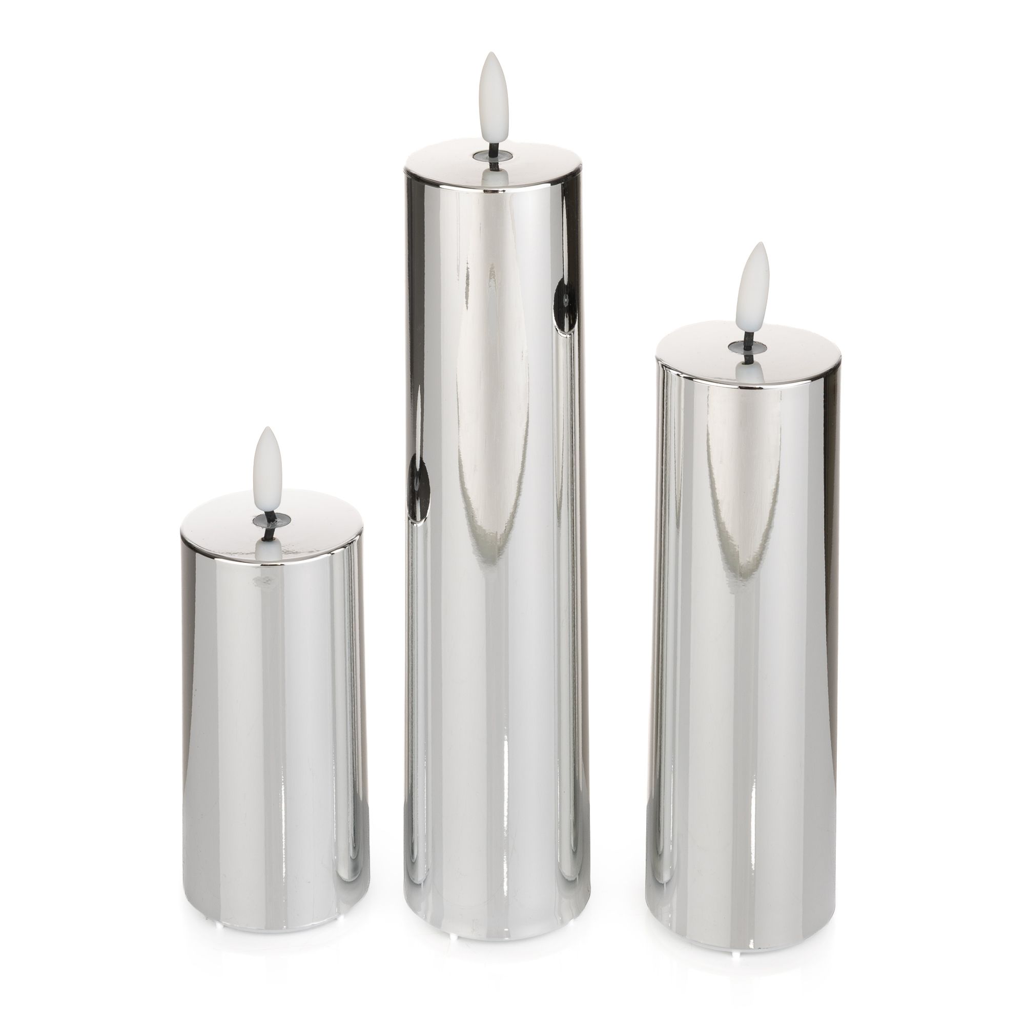 ELAMBIA 3 LED-Kerzen Metallic-Glanzoptik 5h-Timerfunktion H.10,15 & 20cm, Ø 5cm