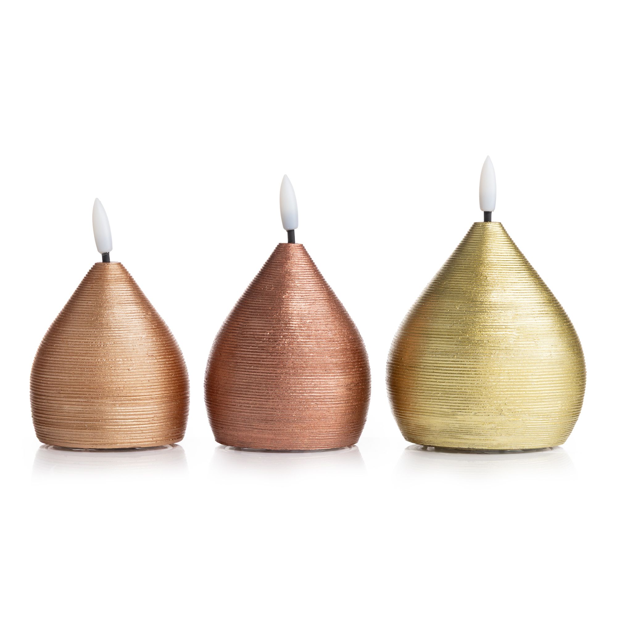  ELAMBIA 3 LED-Kerzen Tropfen-Form metallic Flamme Luma, Timer H. 11cm, 12cm & 13cm