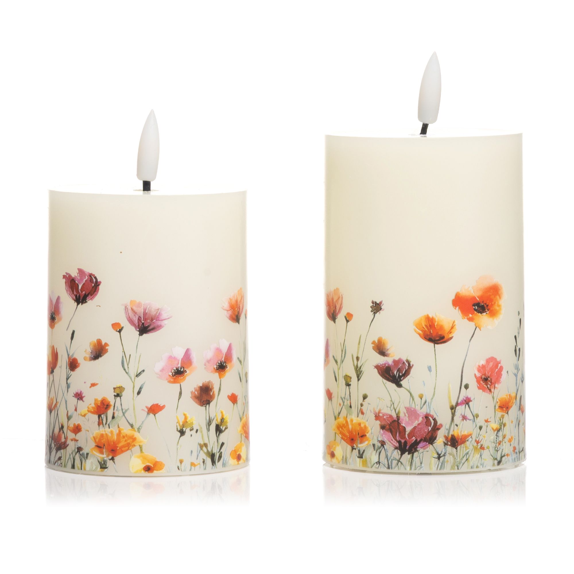 ELAMBIA 2 LED-Kerzen farbenfrohes Motiv Flamme Luma, Timer Höhe 12,5cm & 15cm