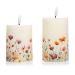 ELAMBIA 2 LED-Kerzen farbenfrohes Motiv Flamme Luma, Timer Höhe 12,5cm & 15cm