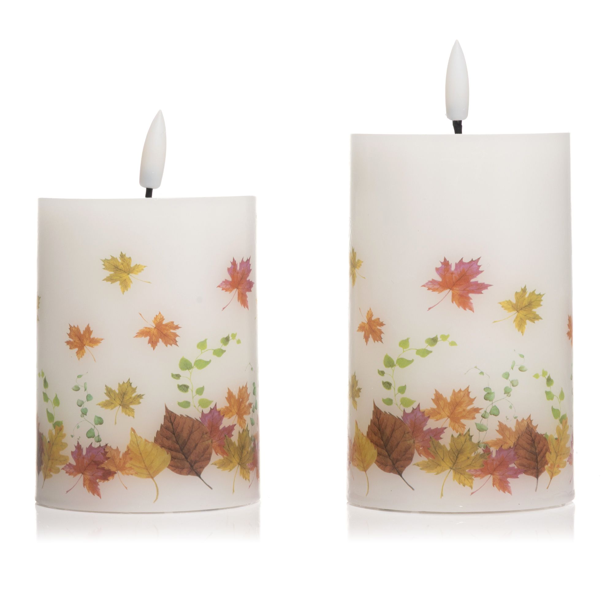ELAMBIA 2 LED-Kerzen farbenfrohes Motiv Flamme Luma, Timer Höhe 12,5cm & 15cm