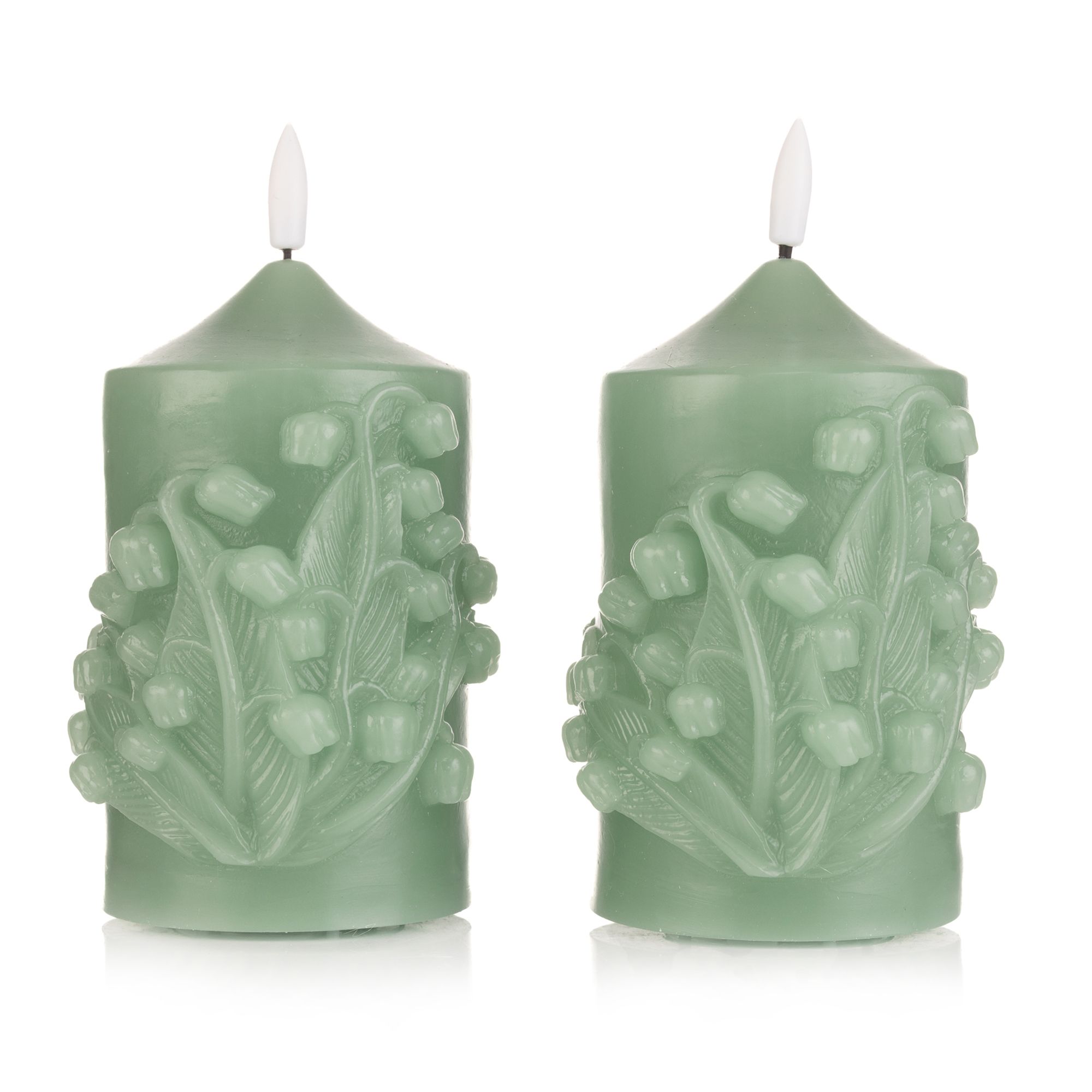 ELAMBIA 2 LED-Kerzen Maiglöckchen-Design Flamme Luma, Timer Höhe 12,5cm, Ø 7,5cm