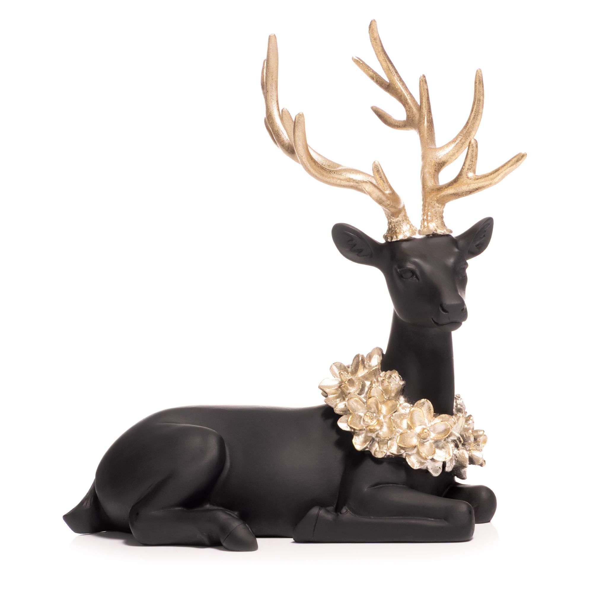 ABELLA Xmas Hirsch liegend mit Blütenkranz Polyresin B. 25cm, H. 25cm
