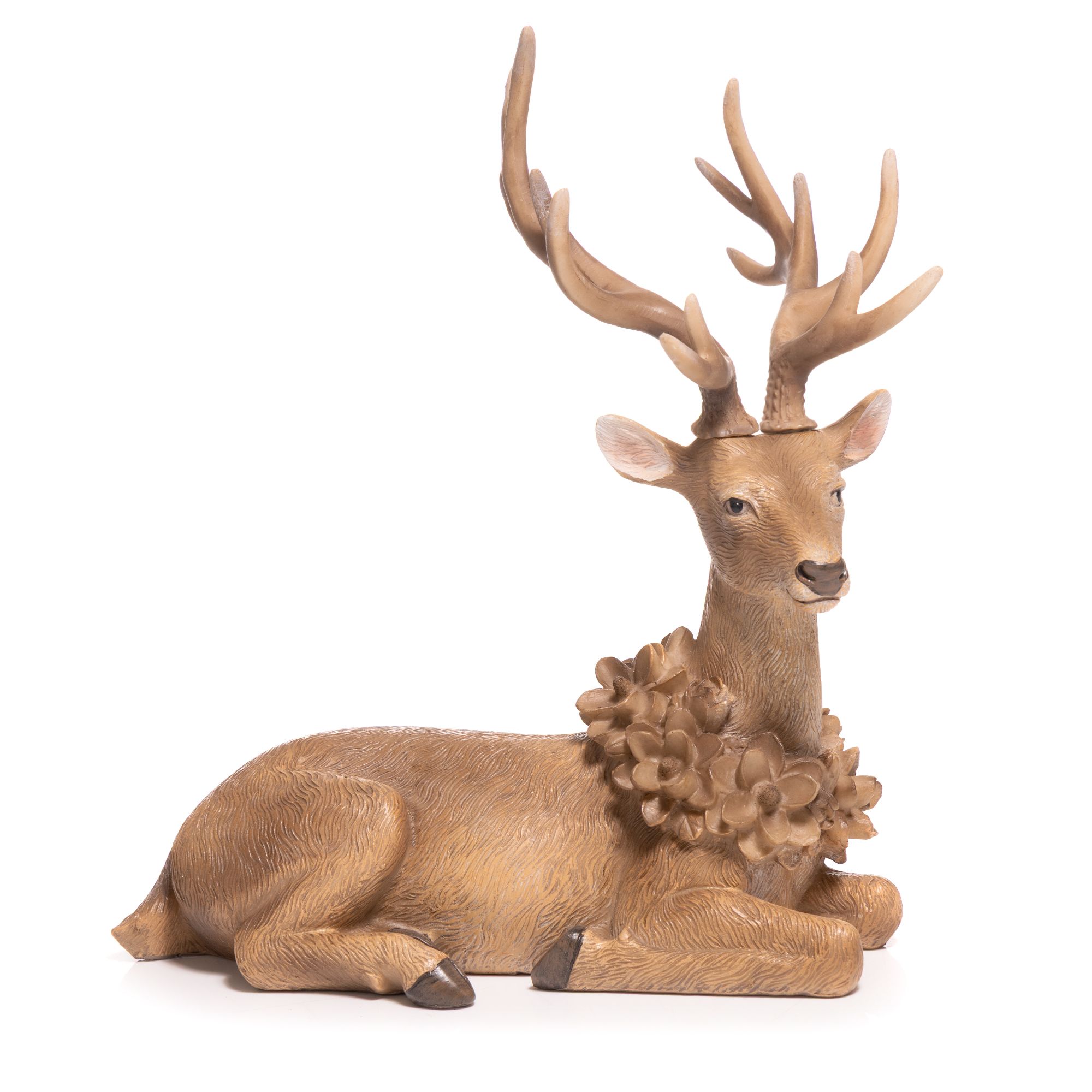 ABELLA Xmas Hirsch liegend mit Blütenkranz Polyresin B. 25cm, H. 25cm