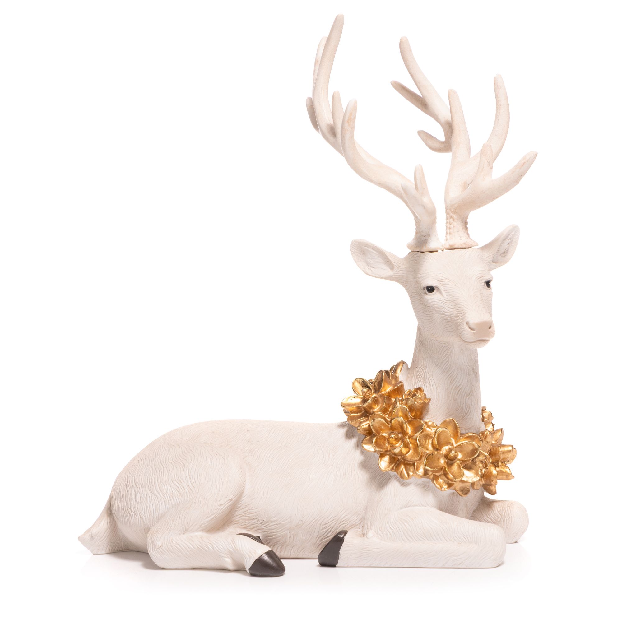 ABELLA Xmas Hirsch liegend mit Blütenkranz Polyresin B. 25cm, H. 25cm