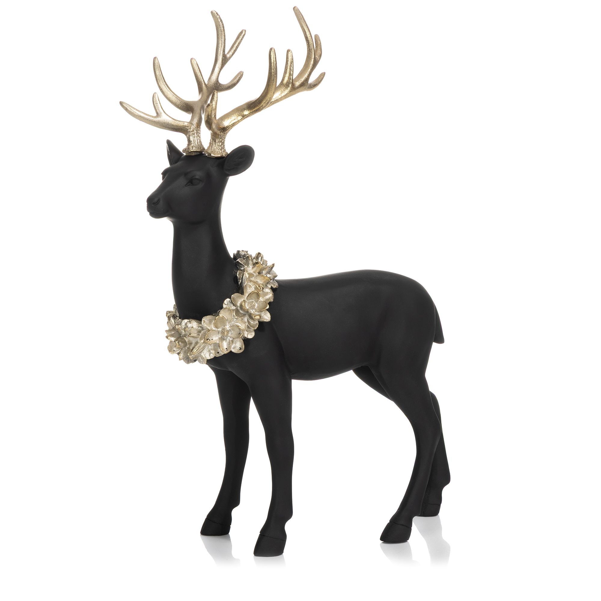 ABELLA Xmas Hirsch stehend mit Blütenkranz Polyresin B. 26cm, H. 39cm